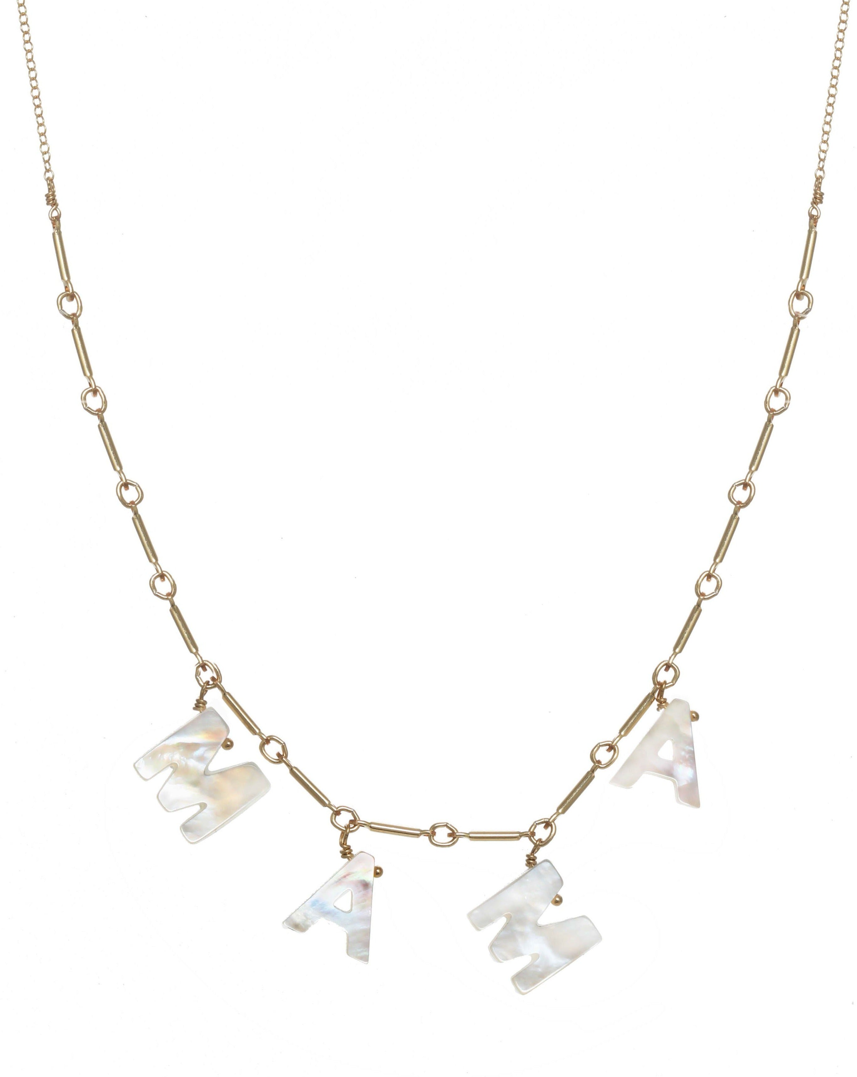 Love Necklace by KOZAKH. A 16 to 18 inch adjustable length necklace with linked bar chain on bottom half and flat link chain on top half, crafted in 14K Gold Filled, featuring a customizable word made from hand carved Mother of Pearl letters.