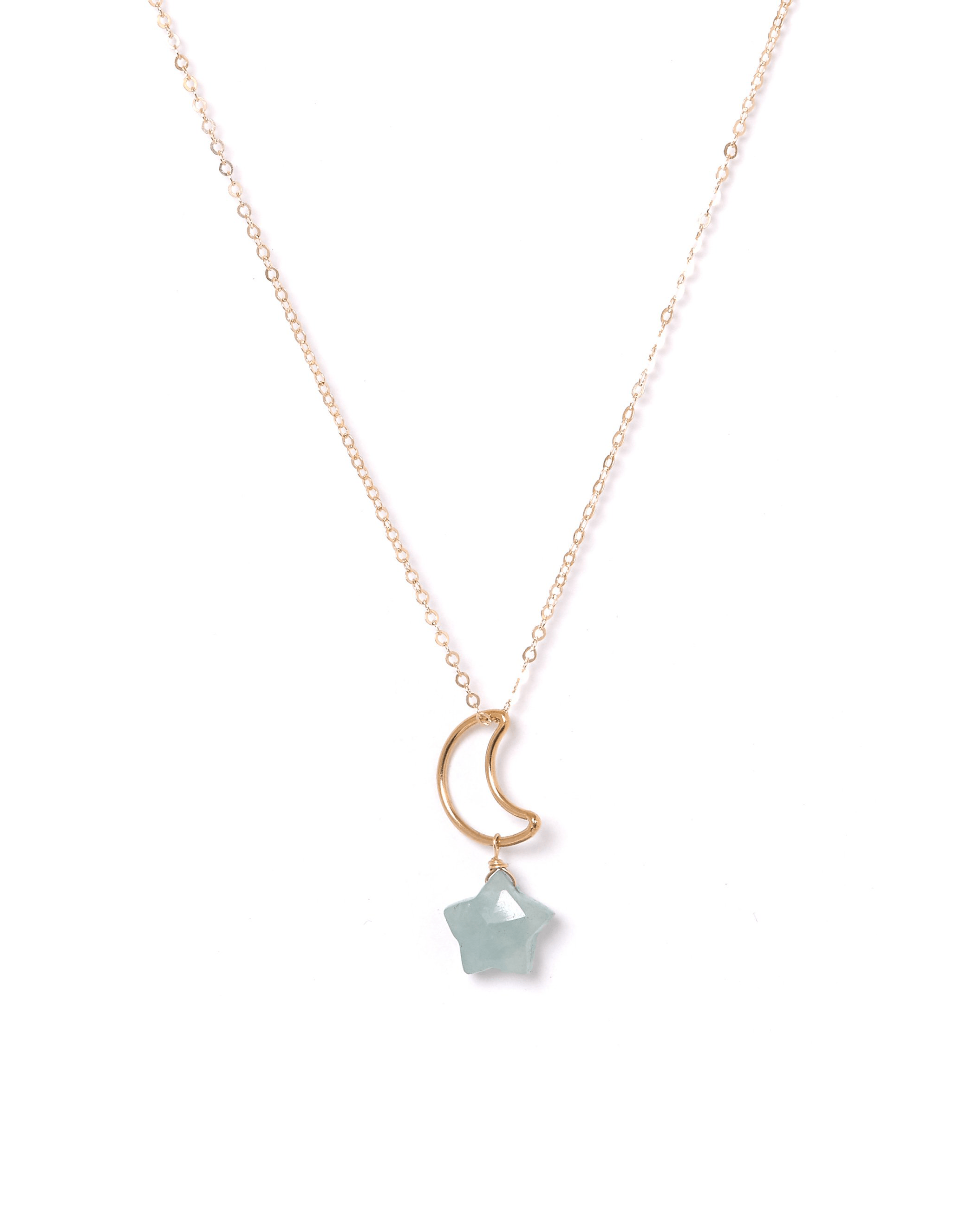Lunastar Necklace by KOZAKH. A 16 to 18 inch adjustable length necklace, crafted in 14K Gold Filled, featuring a 13mm moon charm and an Amazonite star charm.