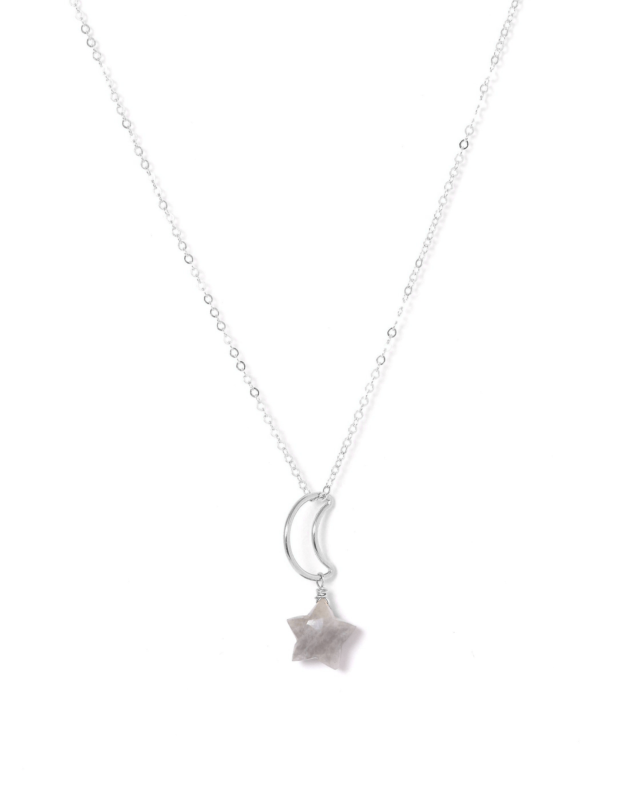 Lunastar Necklace by KOZAKH. A 16 to 18 inch adjustable length necklace, crafted in Sterling Silver, featuring a 13mm moon charm and a Grey Moonstone star charm.