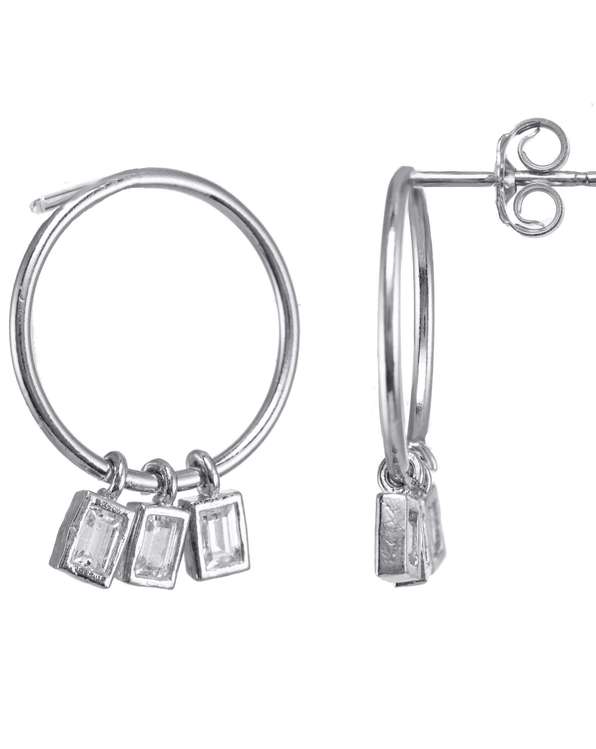 Madison Earrings by KOZAKH. Short dangling style stud earrings crafted in Sterling Silver, featuring a hoop and square cut Cubic Zirconia gems.