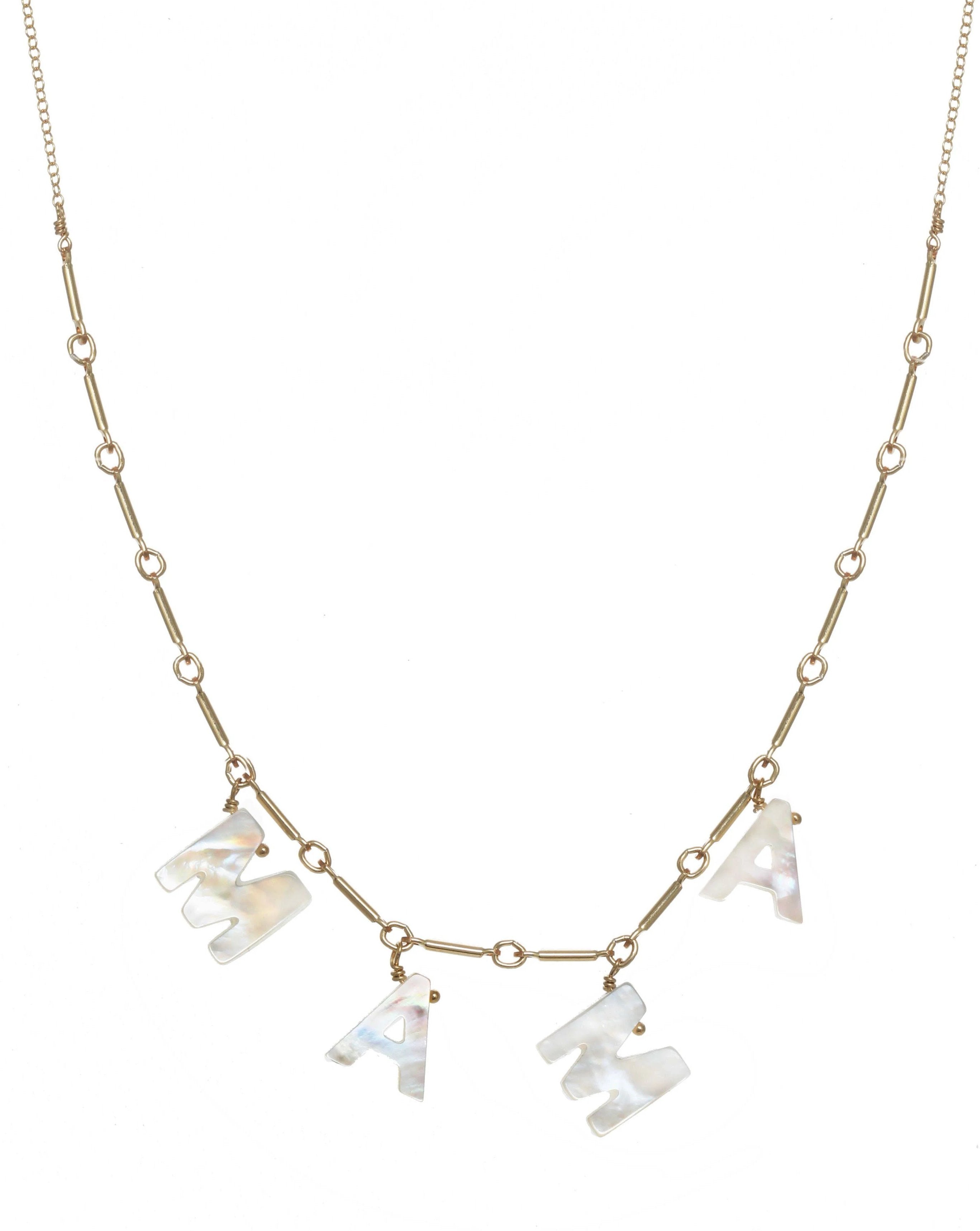 Mama Necklace by KOZAKH. A 16 to 18 inch adjustable length necklace with linked bar chain on bottom half and flat link chain on top half, crafted in 14K Gold Filled, featuring a customizable word made from hand carved Mother of Pearl letters.