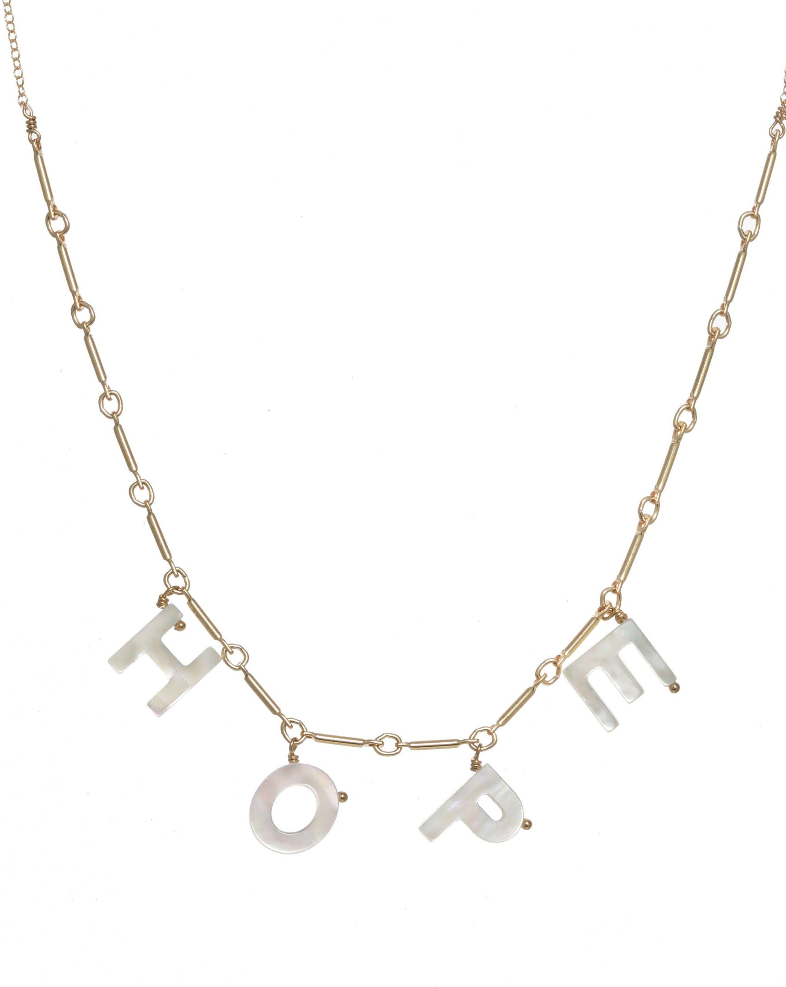 Mama Necklace by KOZAKH. A 16 to 18 inch adjustable length necklace with linked bar chain on bottom half and flat link chain on top half, crafted in 14K Gold Filled, featuring a customizable word made from hand carved Mother of Pearl letters.