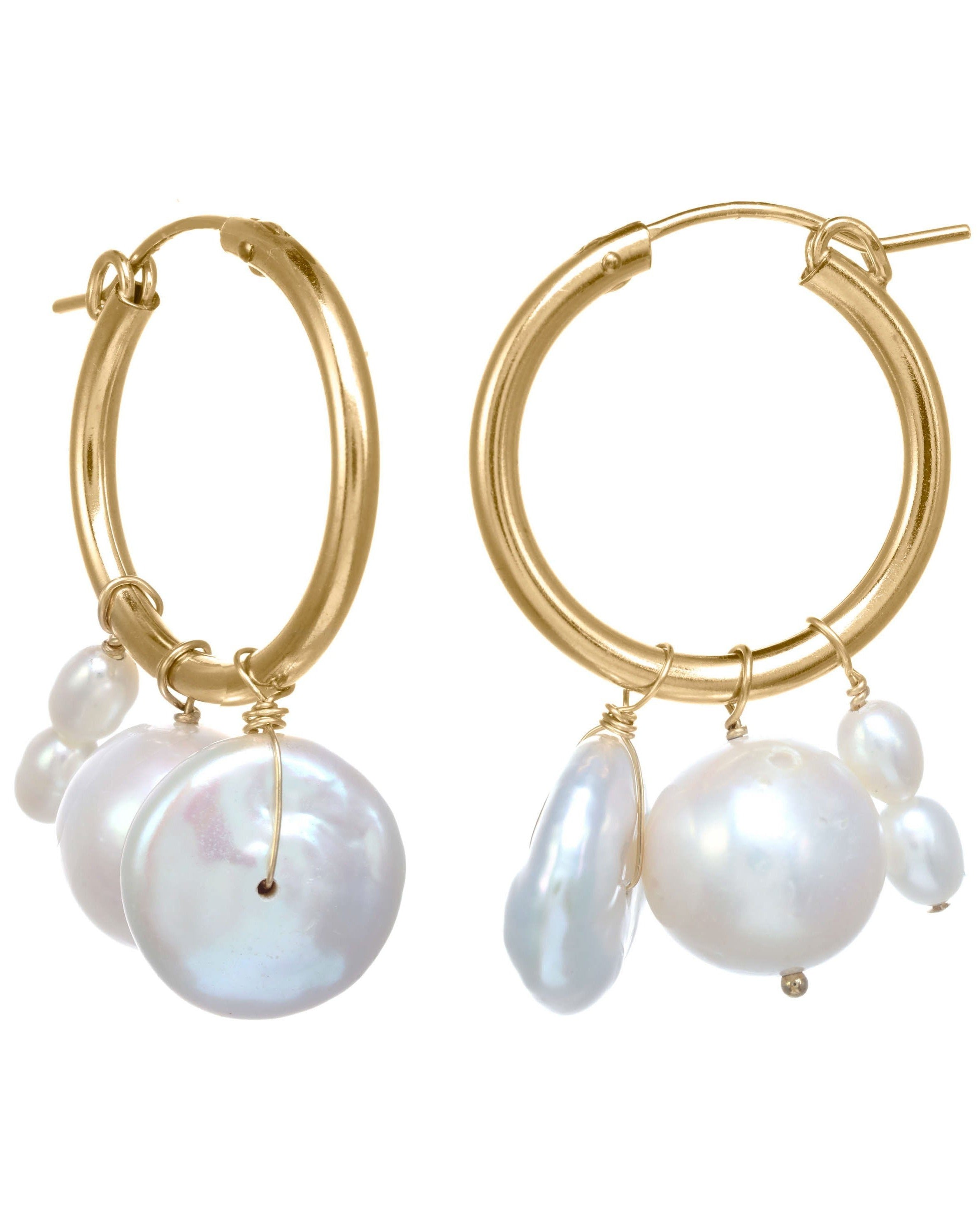 Nadia Hoop Earrings by KOZAKH. 22mm snap closure hoop earrings in 14K Gold Filled, featuring 3-4mm rice Pearls, a 7mm potato Pearl, and a 8mm Keshi Pearl.