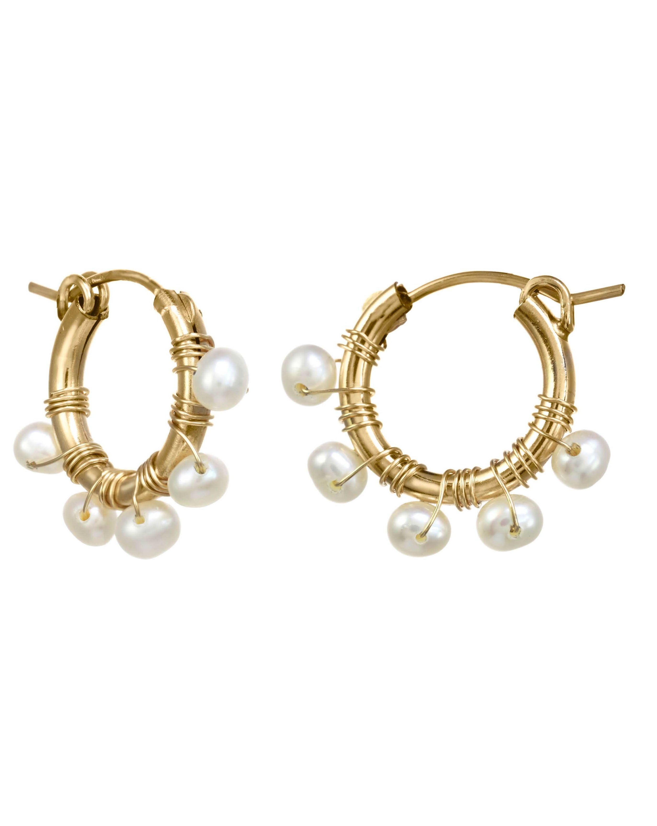 Natasha Hoop Earrings by KOZAKH. 12mm snap closure hoop earrings in 14K Gold Filled, featuring 7mm white potato Pearls.