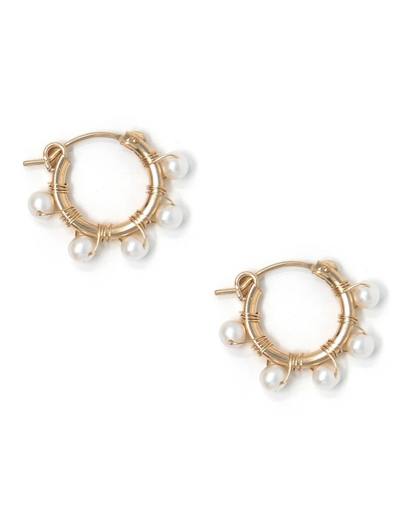 Natasha Hoop Earrings by KOZAKH. 12mm snap closure hoop earrings in 14K Gold Filled, featuring 7mm white potato Pearls.