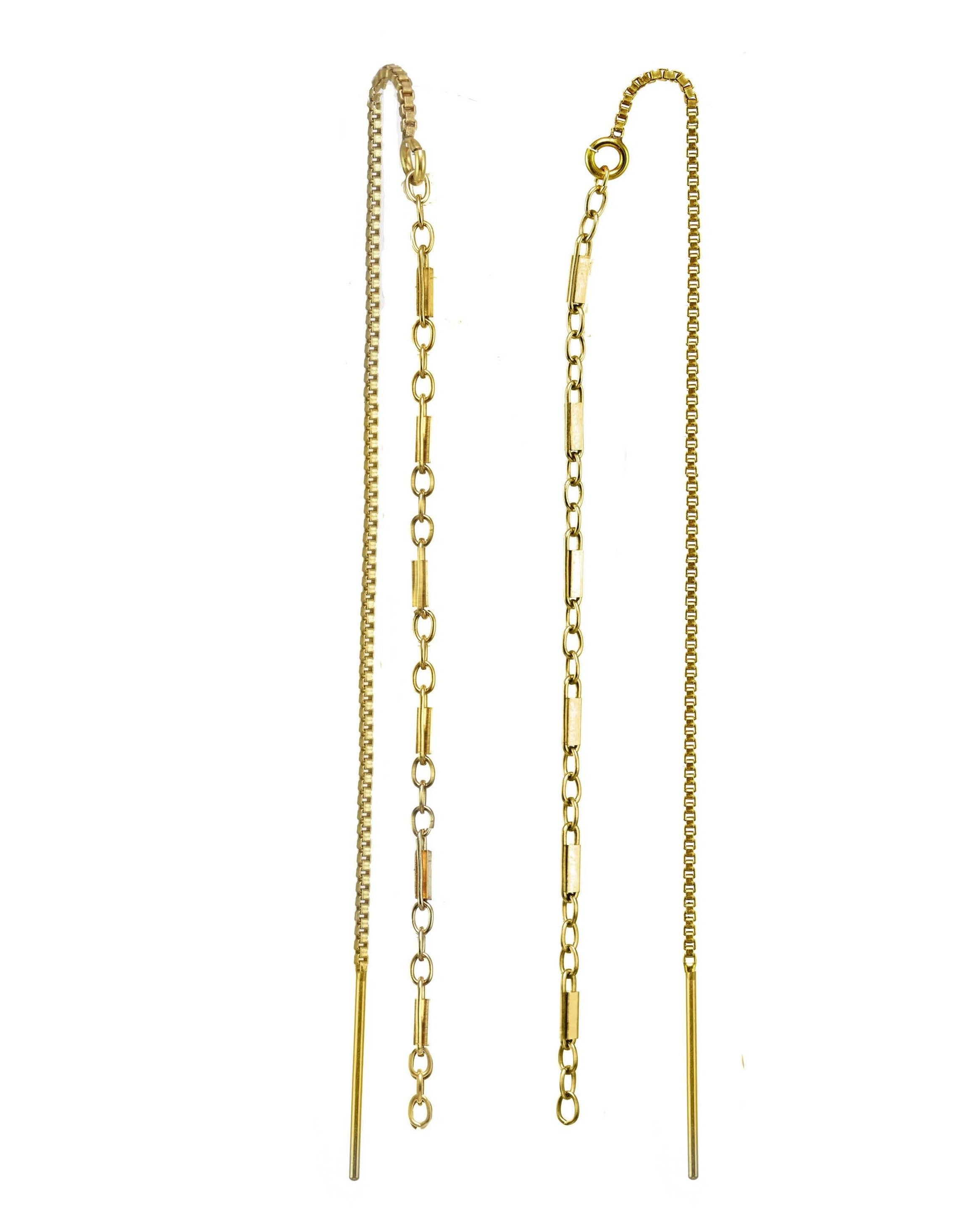Nevaeh Threaders by KOZAKH. Threader style earrings with cylindrical link chain in front, box chain in back, and has a drop length of 2 inches on each side, crafted in 14K Gold Filled.