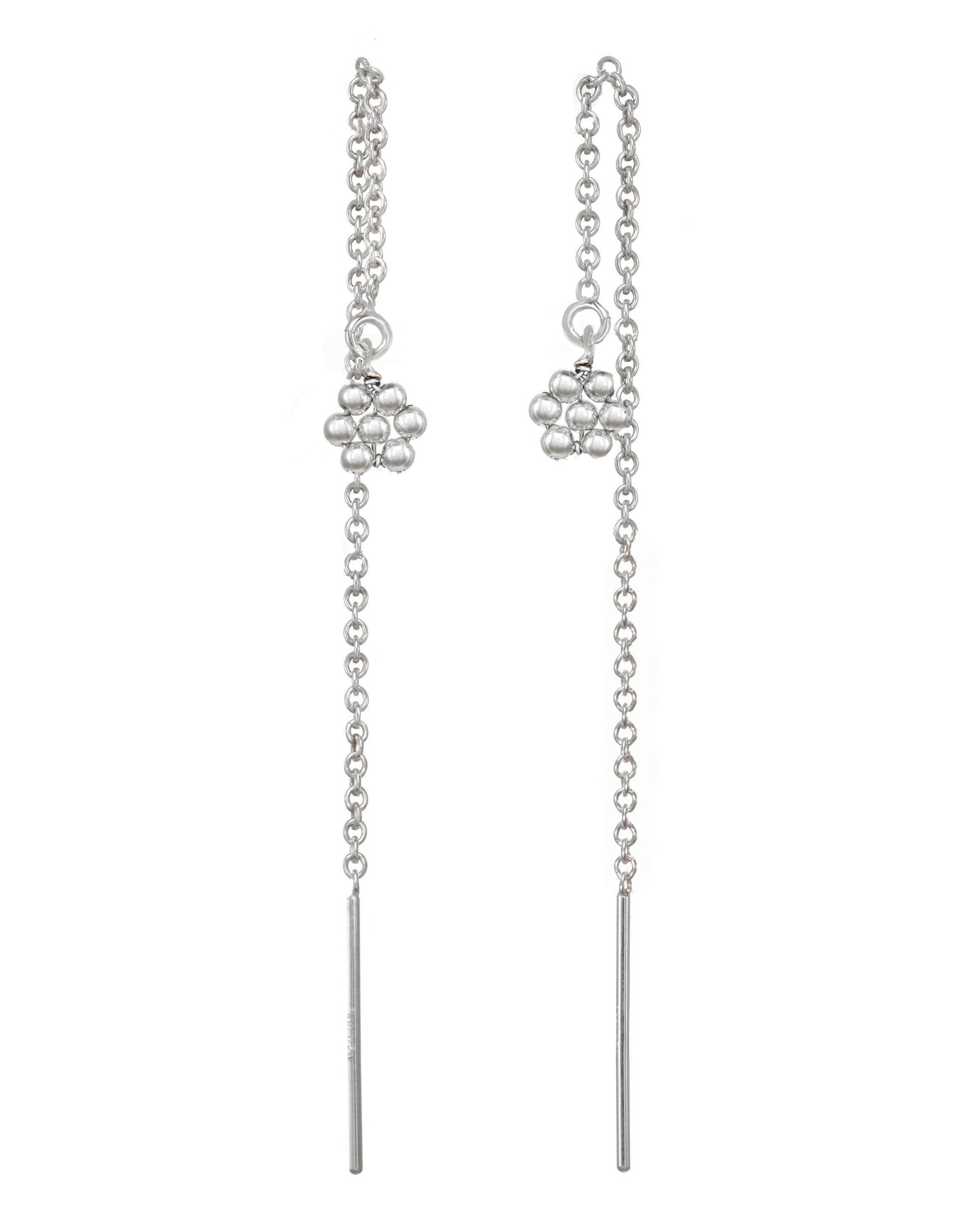 Noor Threader Earrings by KOZAKH. Threader style earrings, crafted in Sterling Silver, featuring handmade beaded daisy charms.