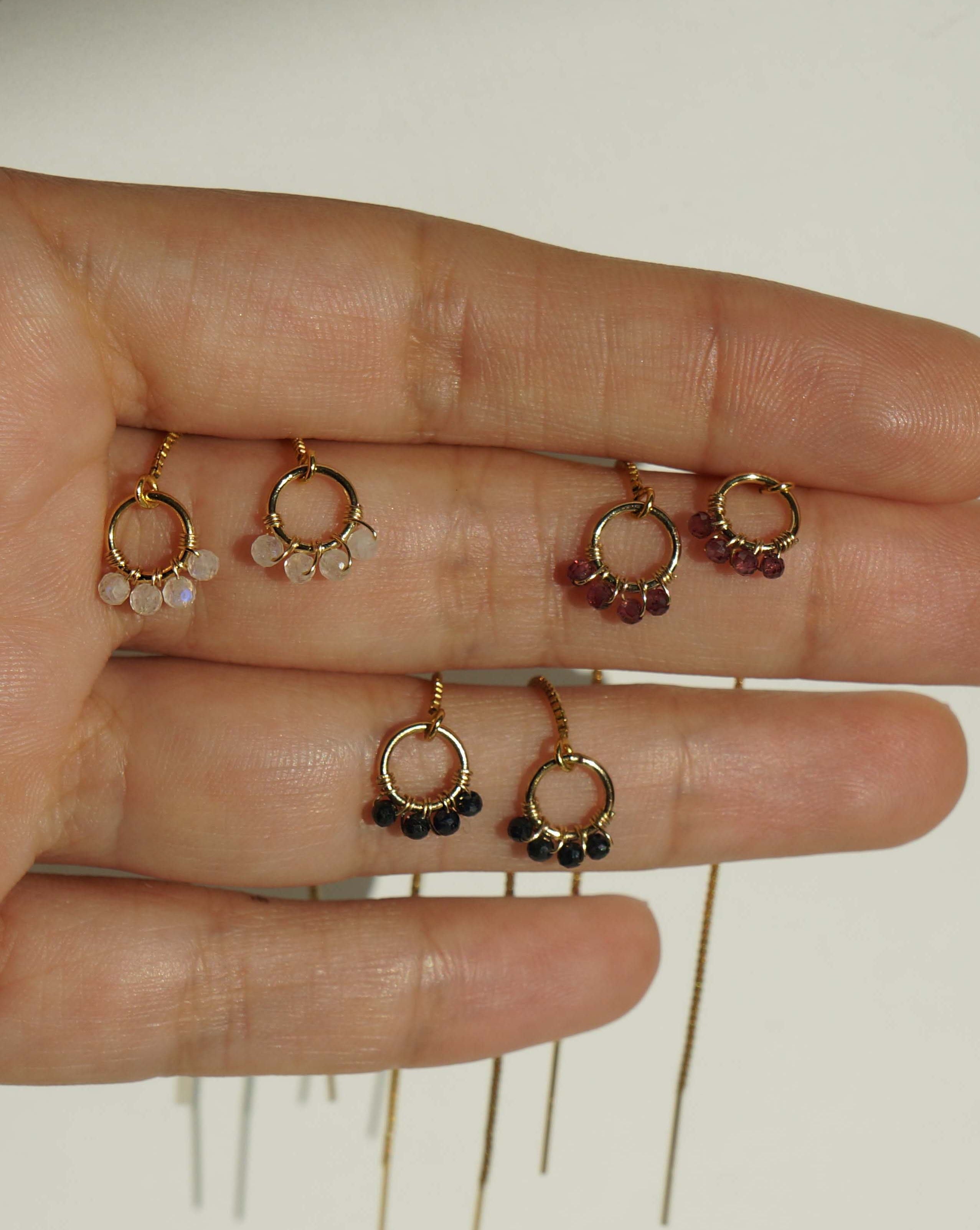 Onda Threader Earrings by KOZAKH. Box chain threader style earrings, crafted in 14K Gold Filled, featuring 2mm faceted gems.