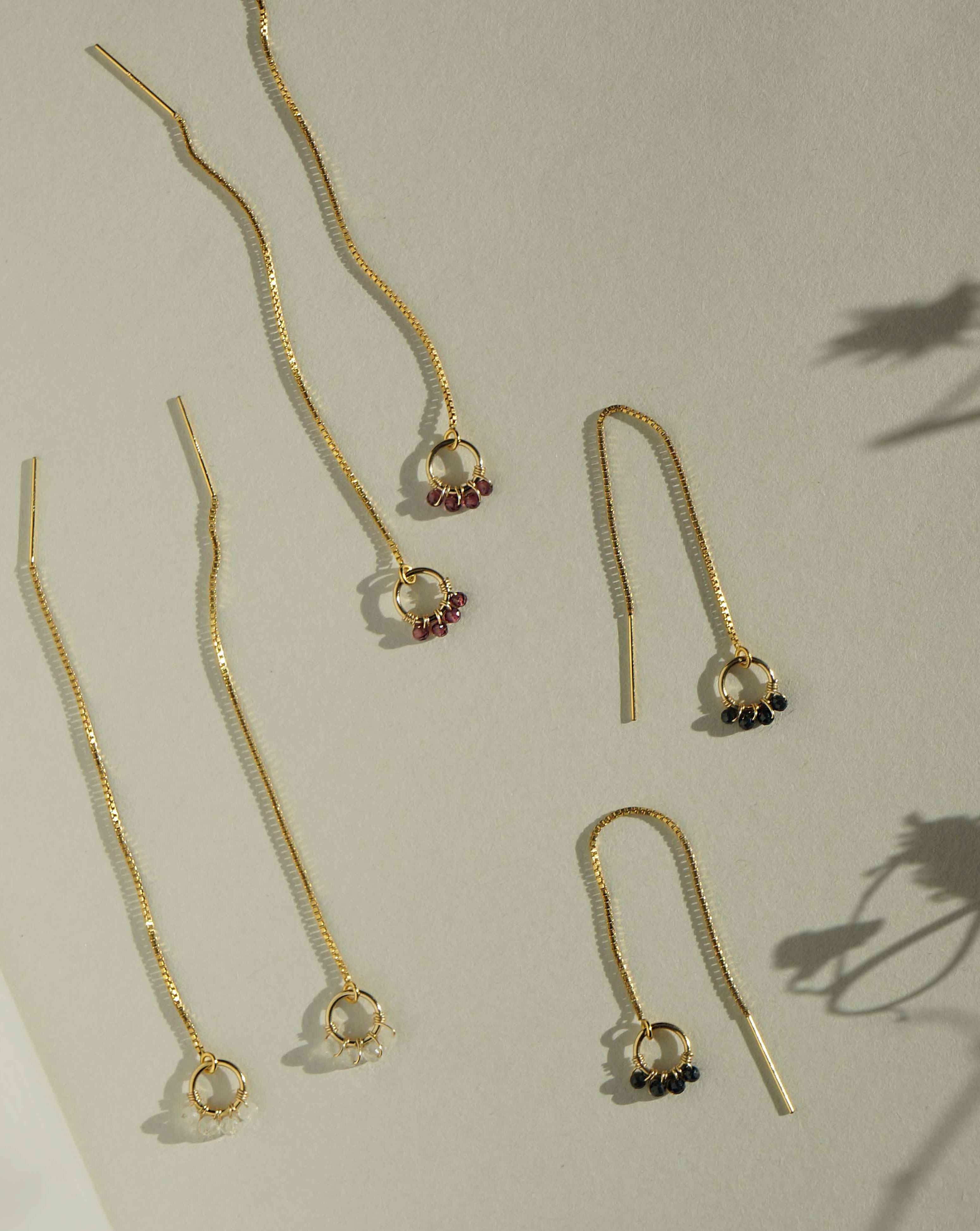 Onda Threader Earrings by KOZAKH. Box chain threader style earrings, crafted in 14K Gold Filled, featuring 2mm faceted gems.