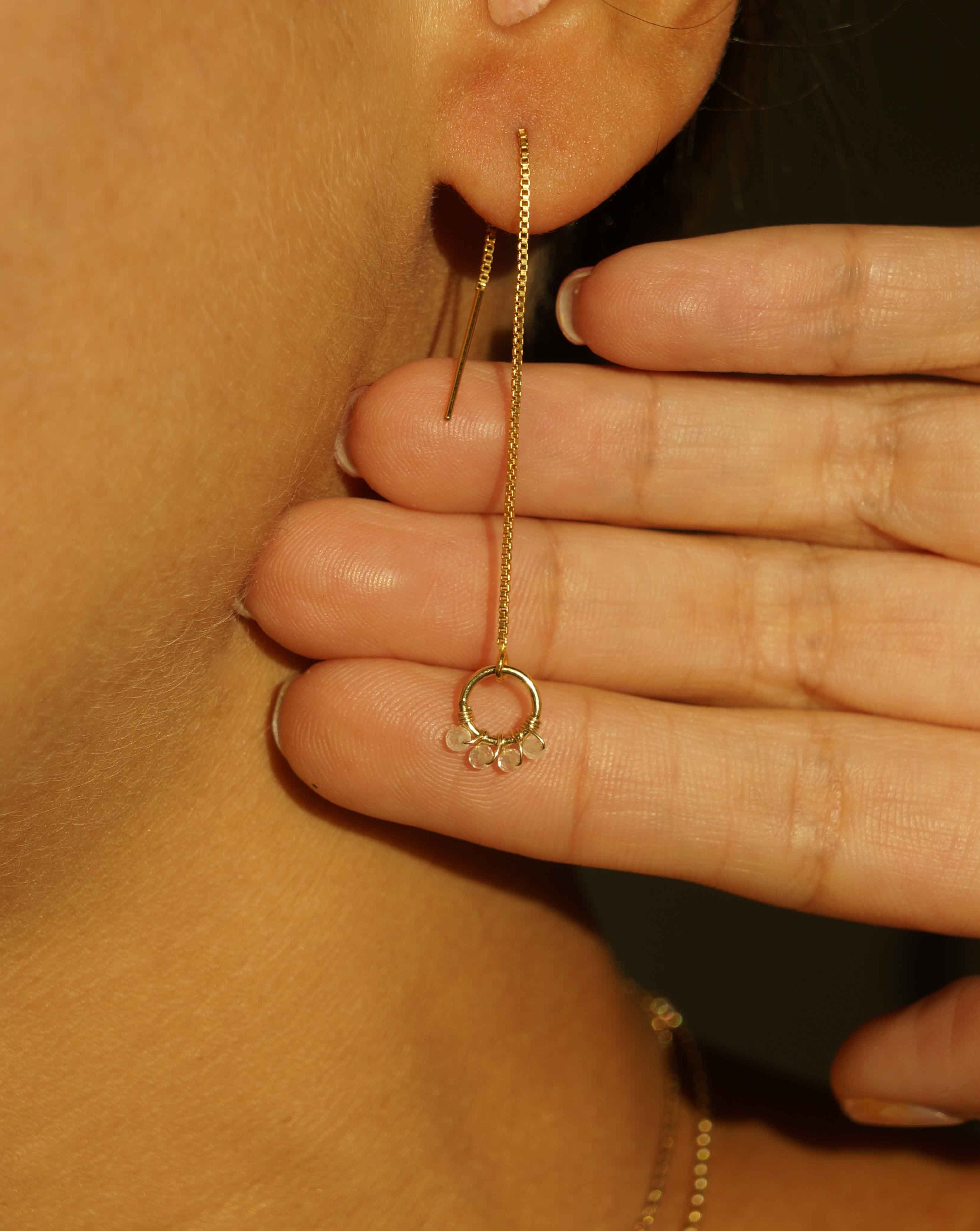 Onda Threader Earrings by KOZAKH. Box chain threader style earrings, crafted in 14K Gold Filled, featuring 2mm faceted gems.