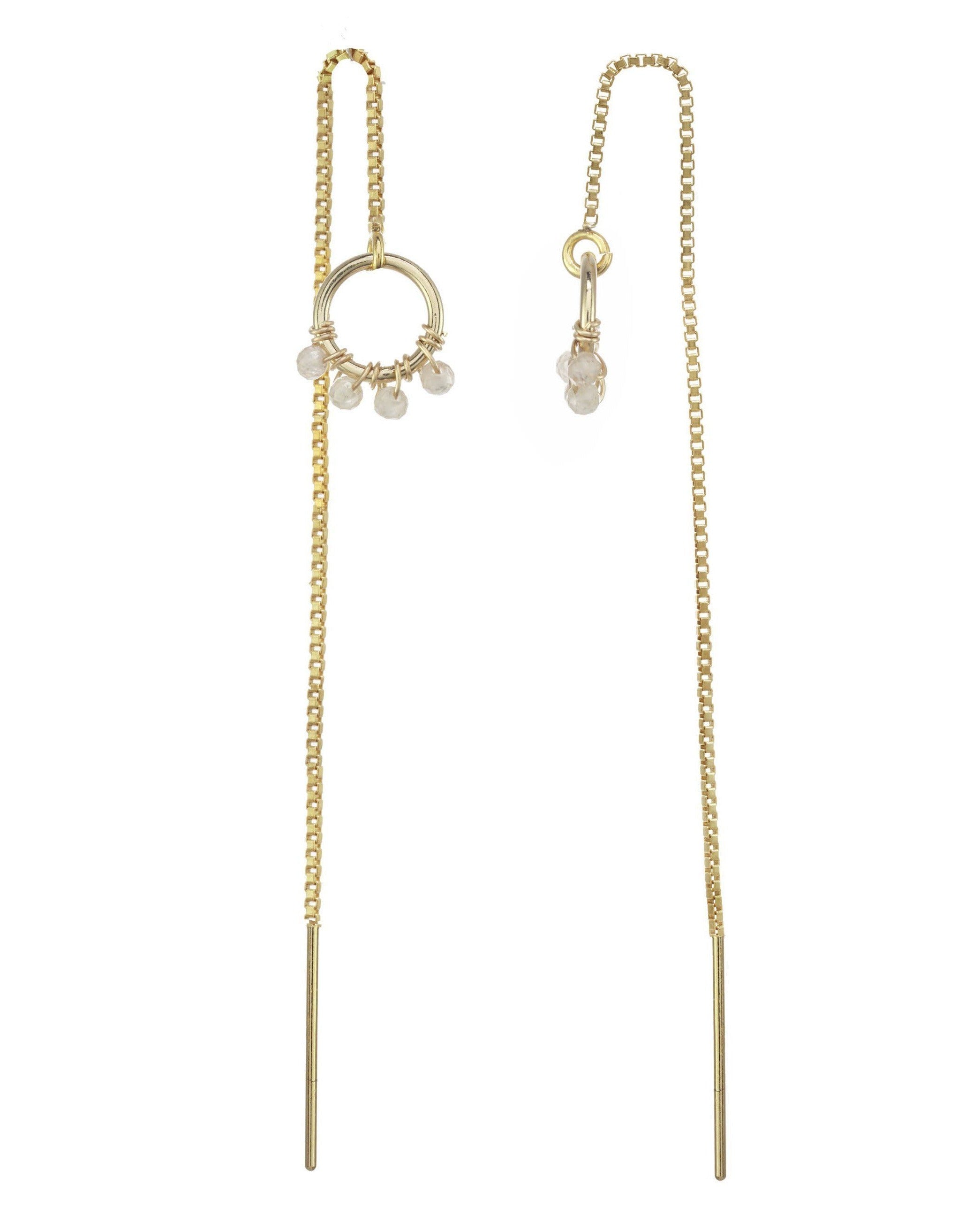 Onda Threader Earrings by KOZAKH. Box chain threader style earrings, crafted in 14K Gold Filled, featuring 2mm faceted gems.