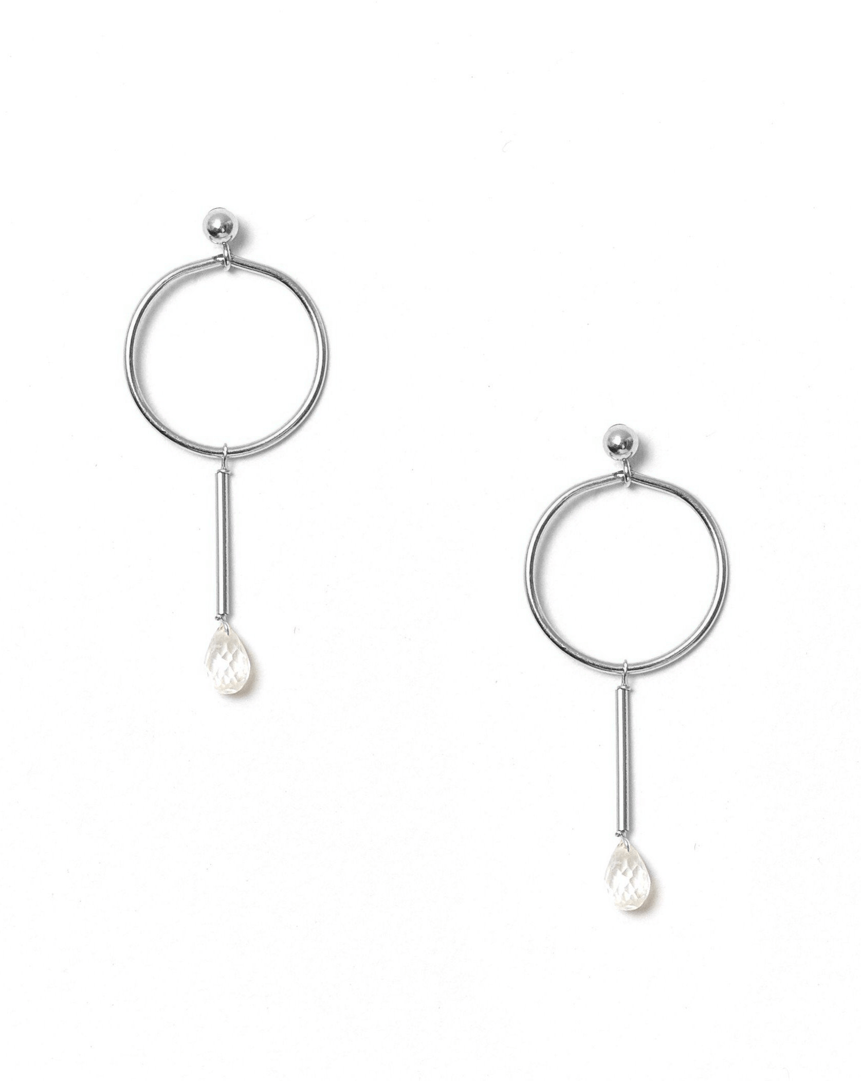Osea Earrings by KOZAKH. Ball stud drop earrings in Sterling Silver, featuring a faceted Moonstone droplet.