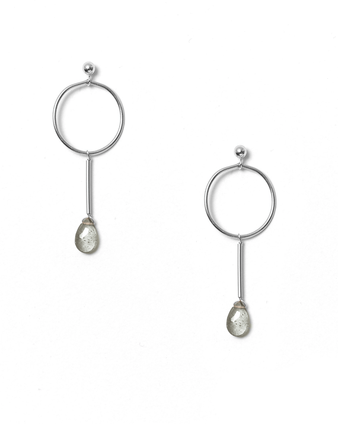 Osea Earrings by KOZAKH. Ball stud drop earrings in Sterling Silver, featuring a faceted Moss Aquamarine droplet.