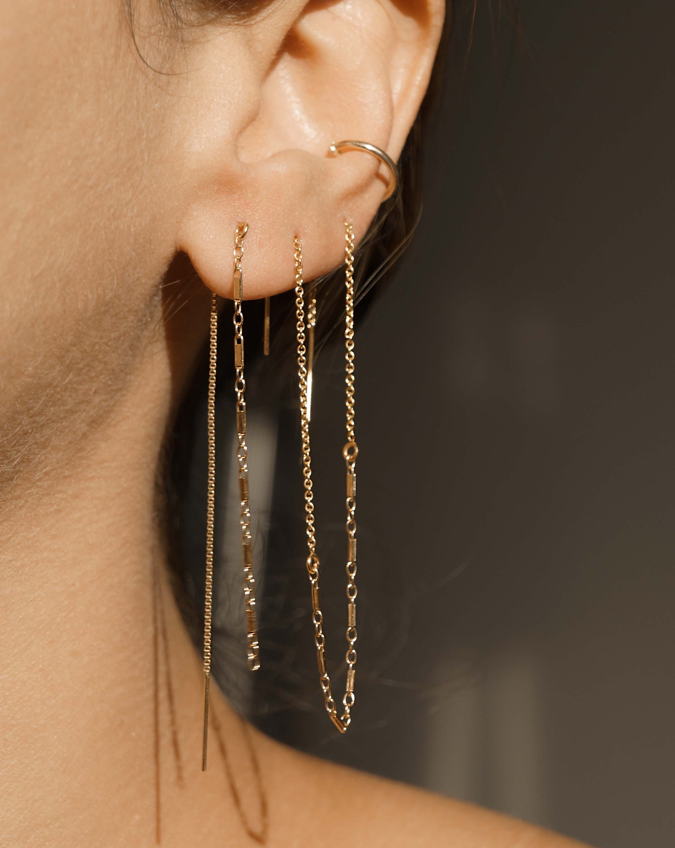 Piper Threader by KOZAKH. A long threader climber earring for 2 or more piercings, crafted in 14K Gold Filled.