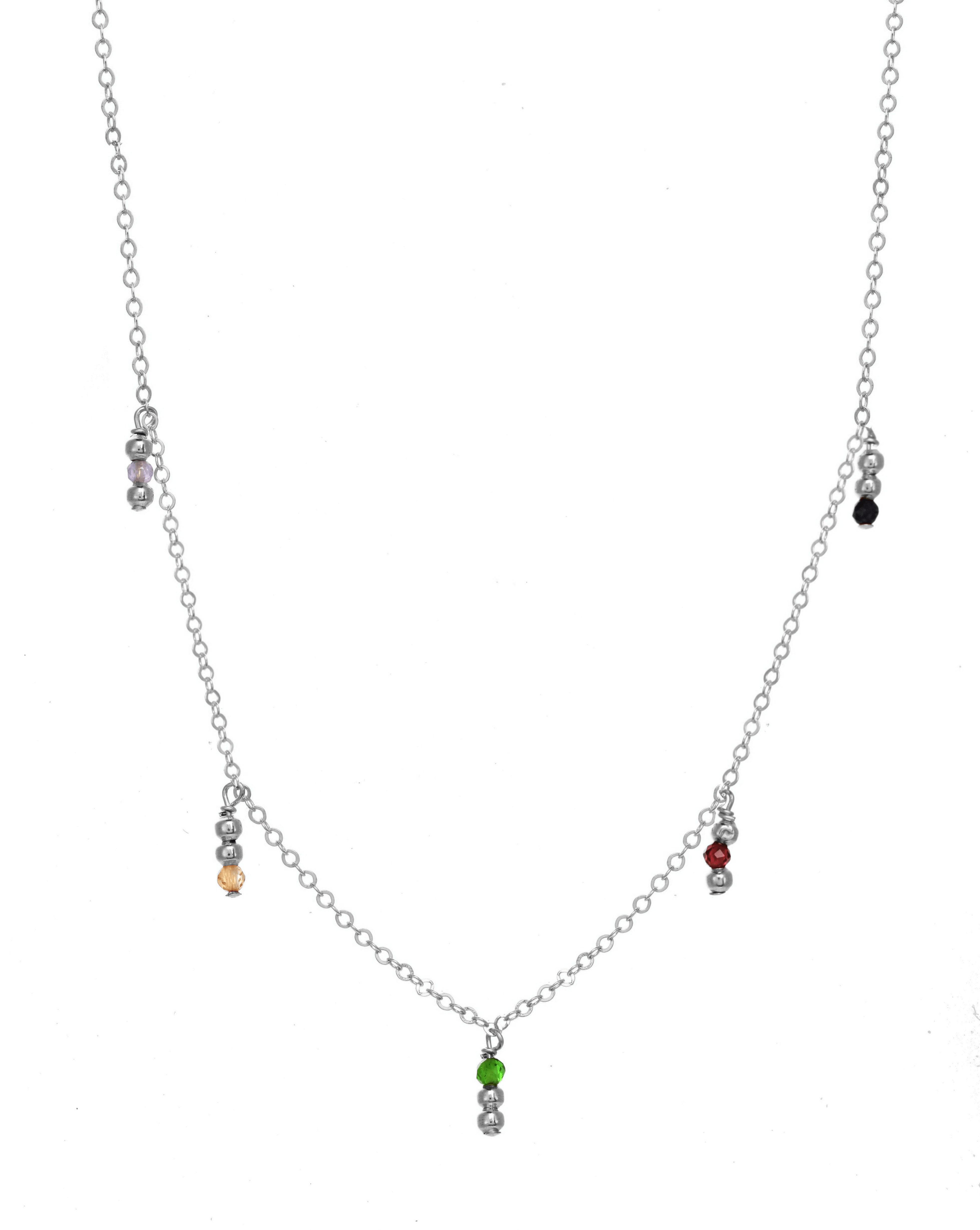 Saga Necklace by KOZAKH. A 16 to 18 inch adjustable length necklace, crafted in Sterling Silver, featuring 2mm Seamless round beads and 2mm Faceted round Emerald, Garnet, Sapphire, Tanzanite and Topaz.