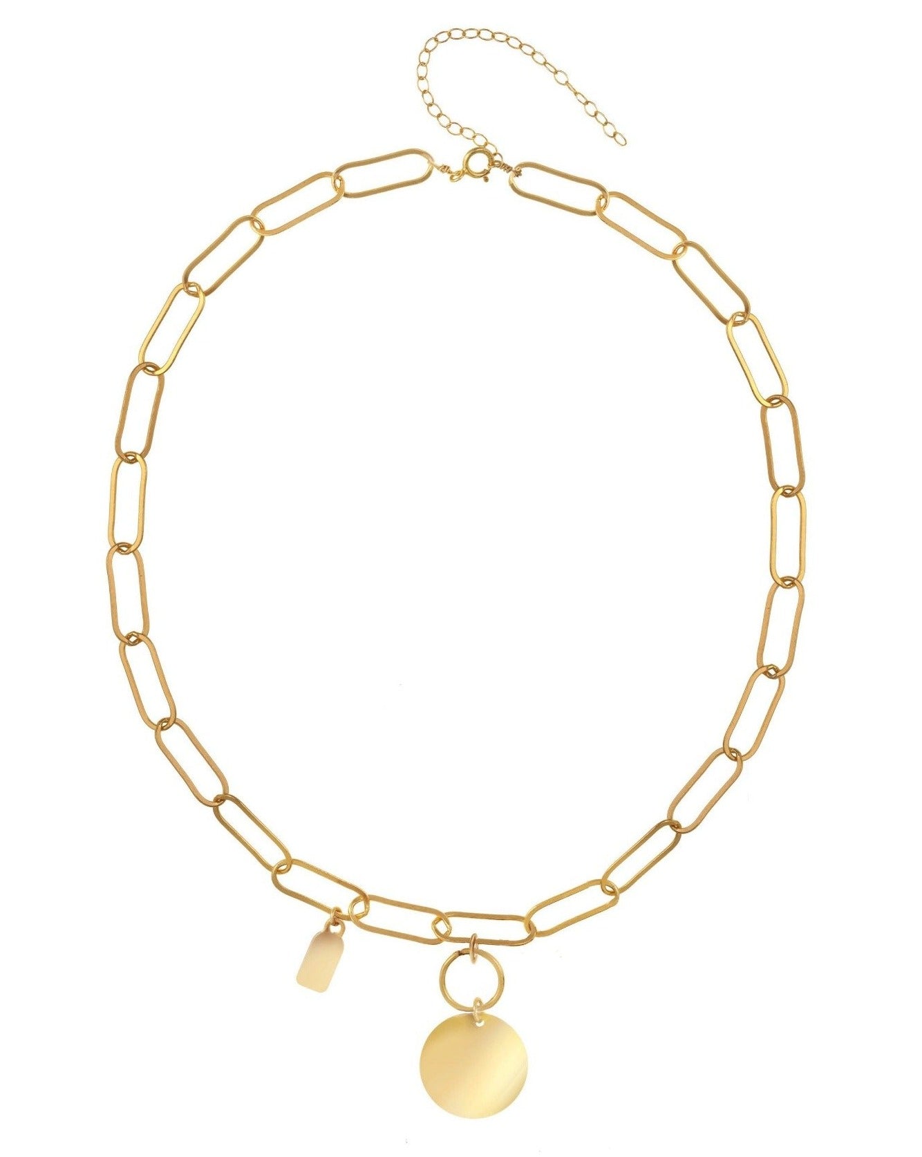 Scarlett Necklace by KOZAKH. A 16 to 18 inch adjustable length, flat oval chain necklace, crafted in 14K Gold Filled, featuring a 3x5mm Tag and a 16mm Flat coin.