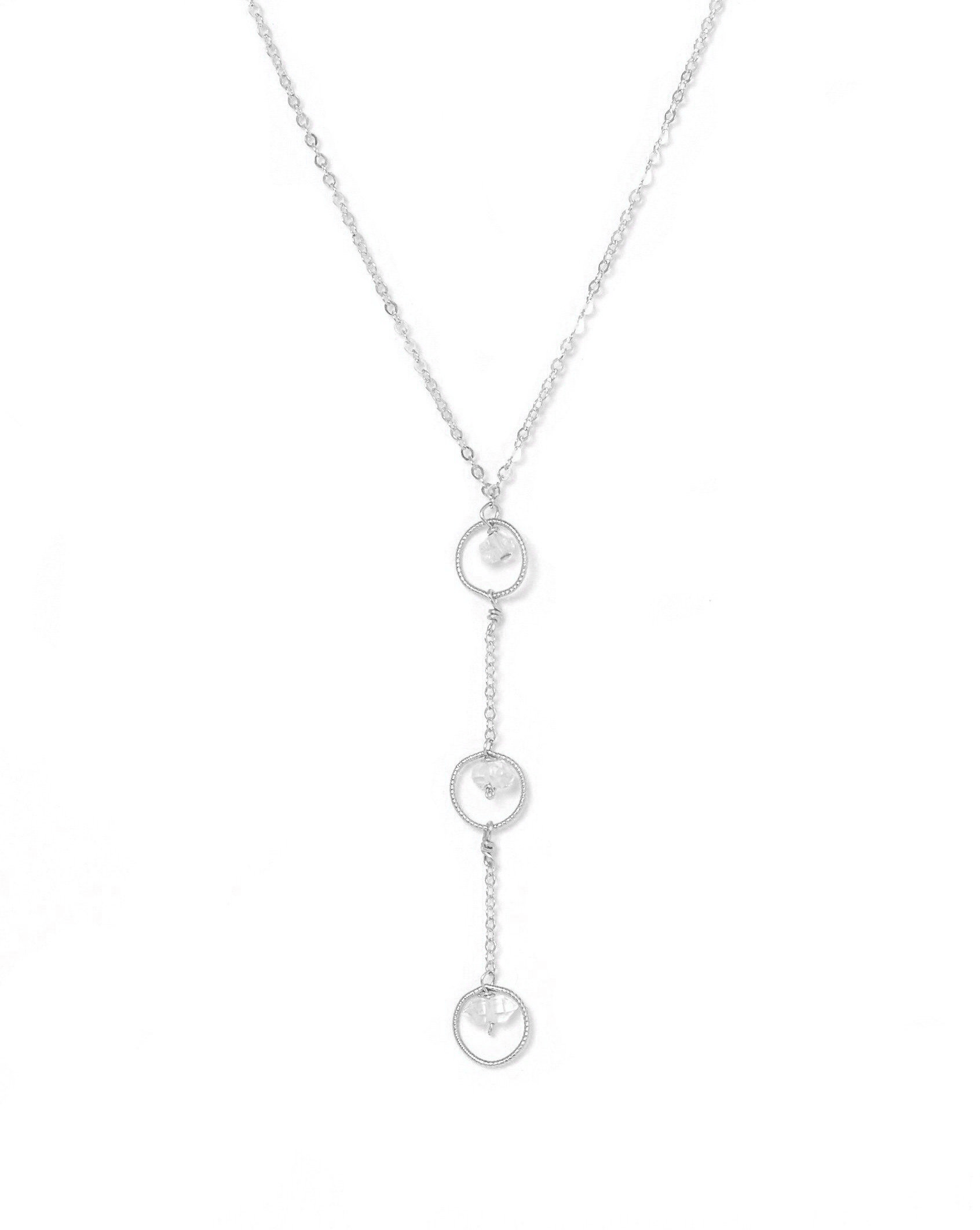 Tre Amos Necklace by KOZAKH. A 16 to 18 inch adjustable length, 1 1/2 inches drop lariat style necklace, crafted in Sterling Silver, featuring Herkimer Diamonds.