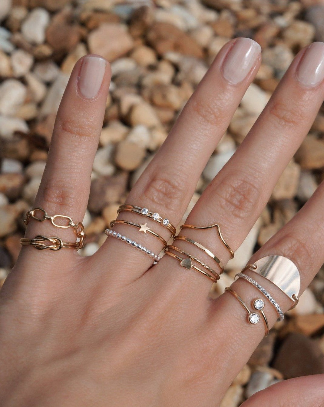 Tres Dia Ring by KOZAKH. A 1mm double band, crafted in 14K Gold Filled, featuring three 2mm Cubic Zirconias.