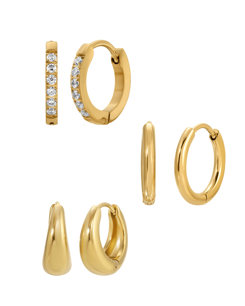 The Live-In Hoops Set: Thin Small Hoops, Mavis Hoops, and Chini Hoops