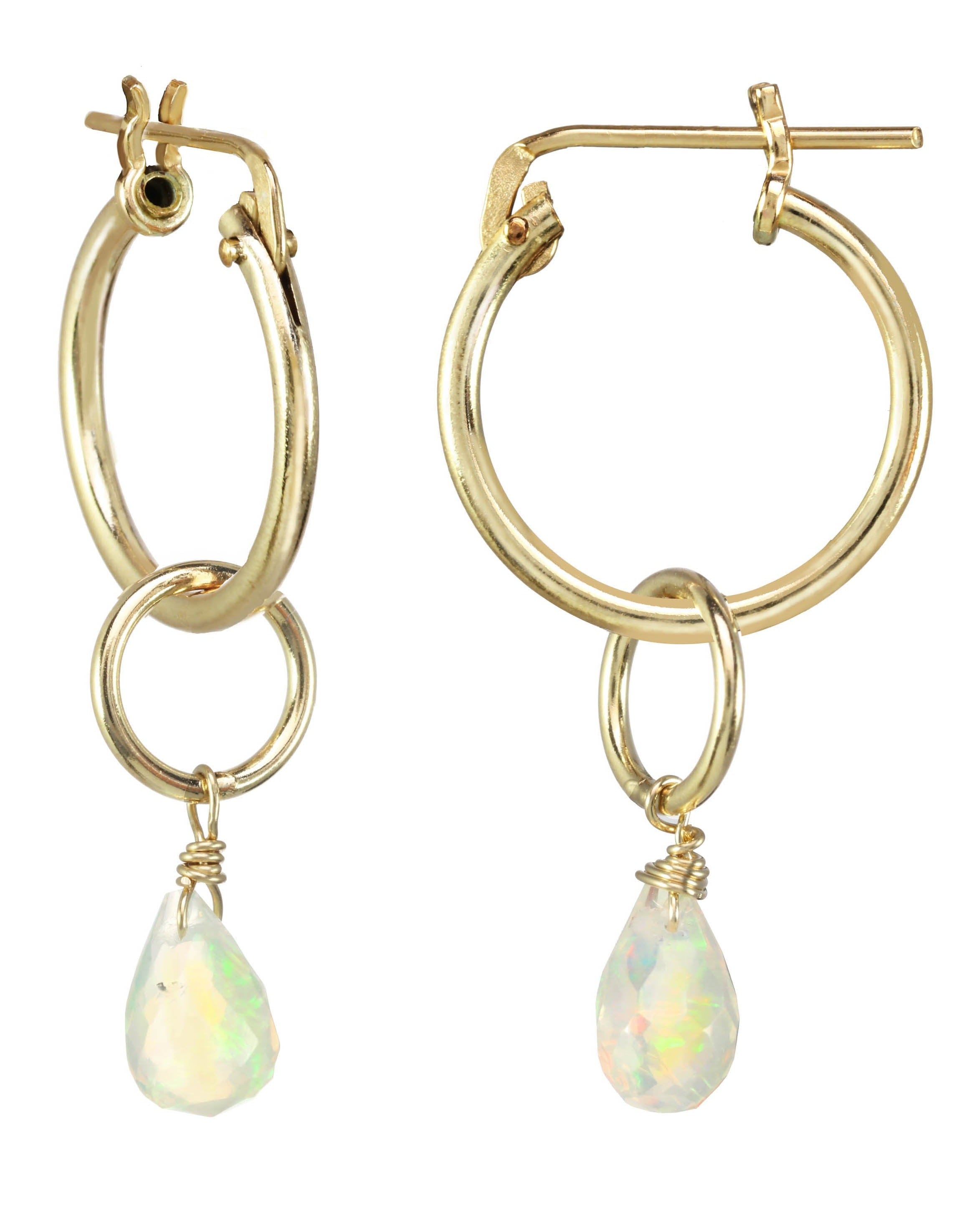 Olivia Earrings by KOZAKH. 15mm snap closure hoop earrings in 14K Gold Filled, featuring a 5mm to 7mm Ethiopian Opal faceted droplet.