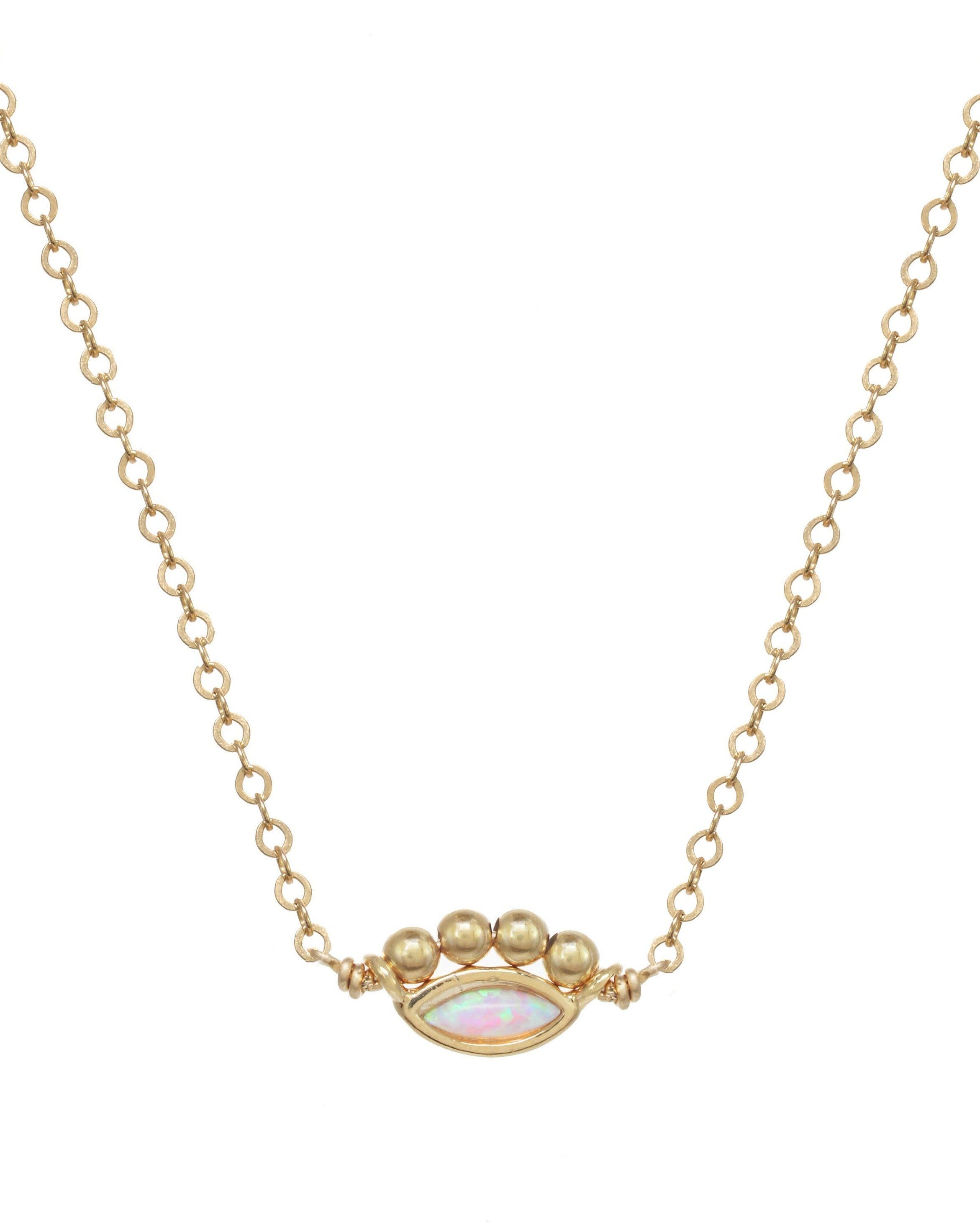 Ailbee Necklace by KOZAKH. A 16 to 18 inch adjustable length necklace in 14K Gold Filled, featuring a Marquise Opal charm and 2mm Gold Filled balls.