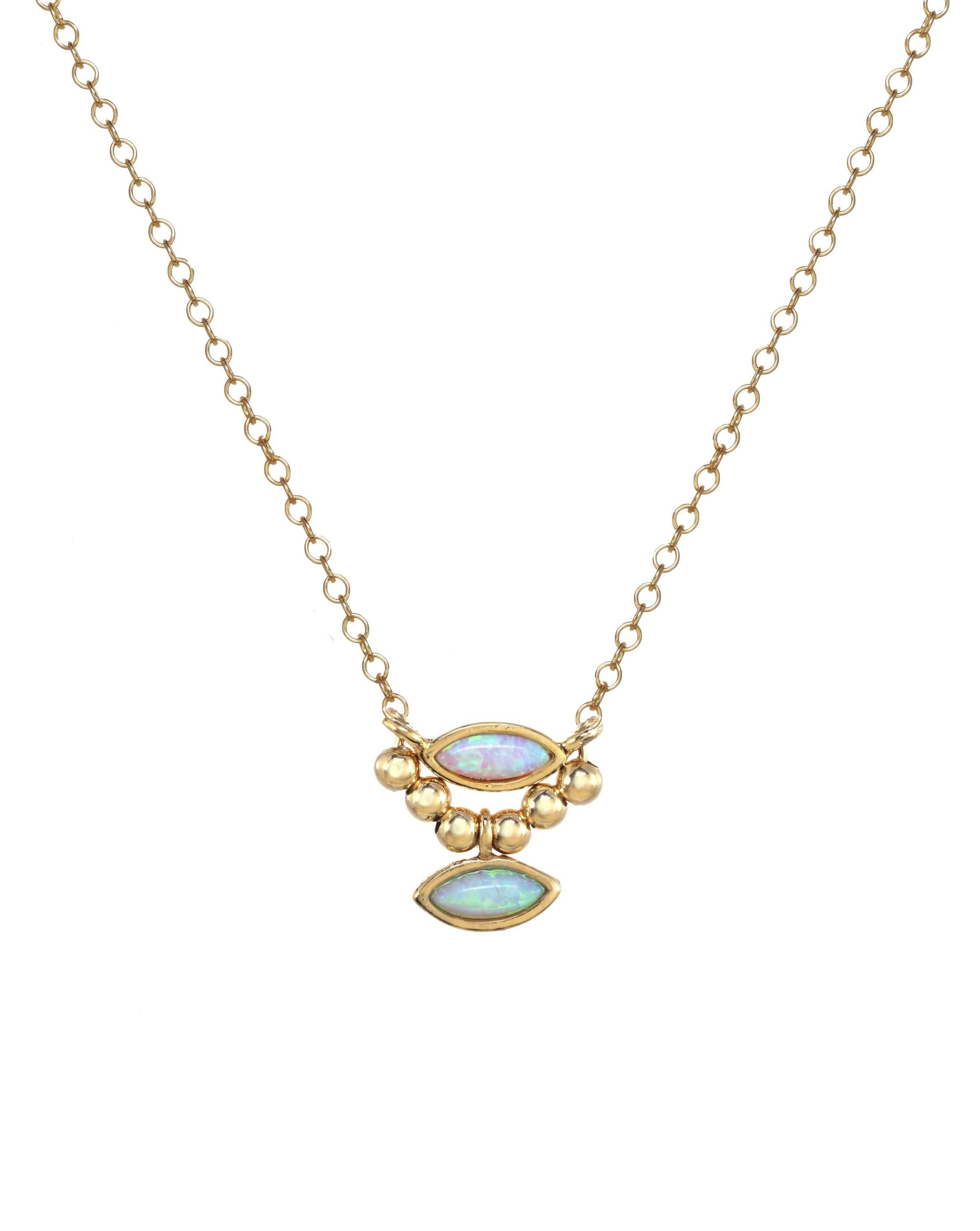 Alastar Necklace by KOZAKH. A 16 to 18 inch adjustable length necklace in 14K Gold Filled, featuring Marquise Opal charms and 2mm Gold Filled balls.