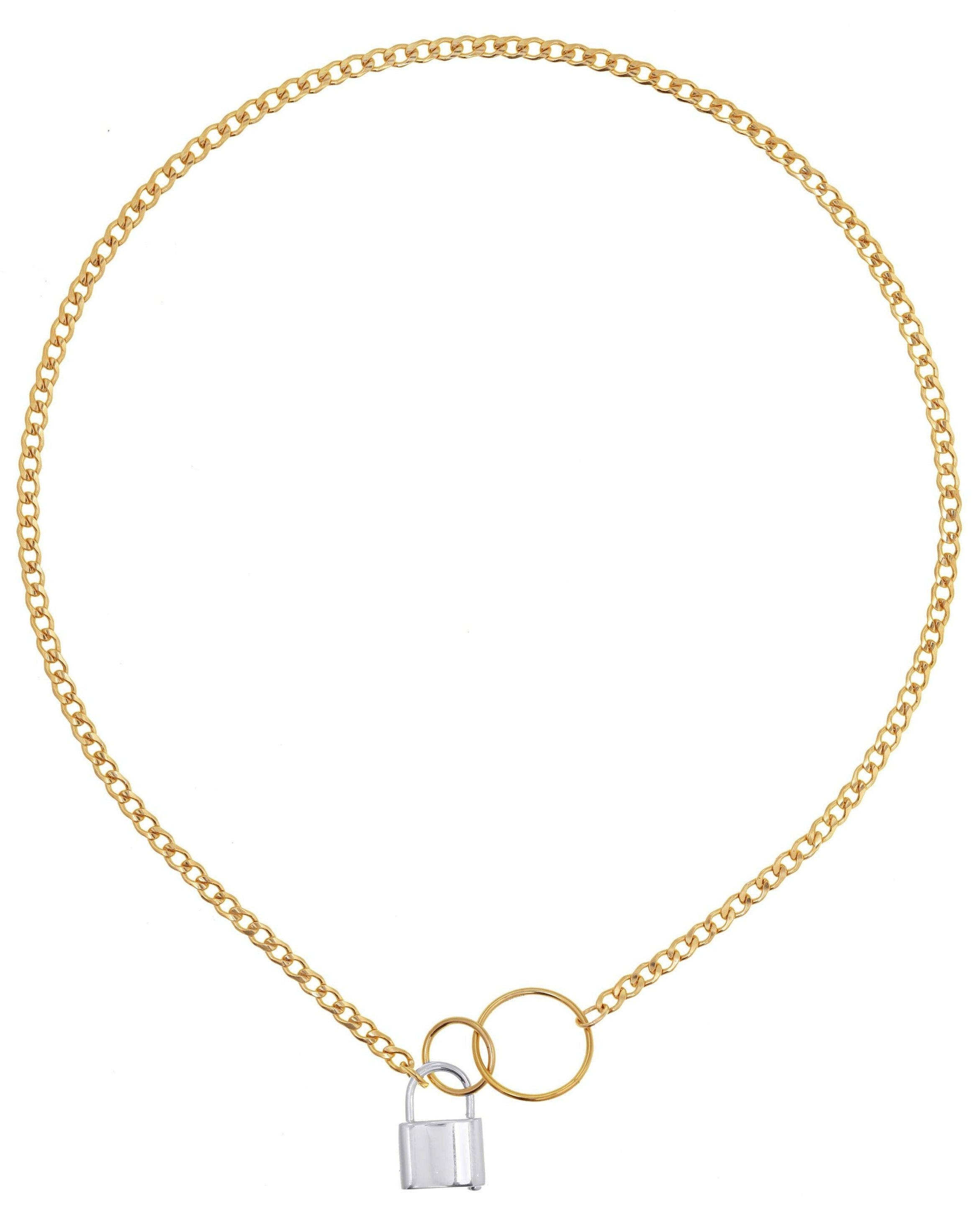 Amanto Necklace by KOZAKH. A 16 inch long necklace in 14K Gold Filled, featuring a Sterling Silver Padlock closure.