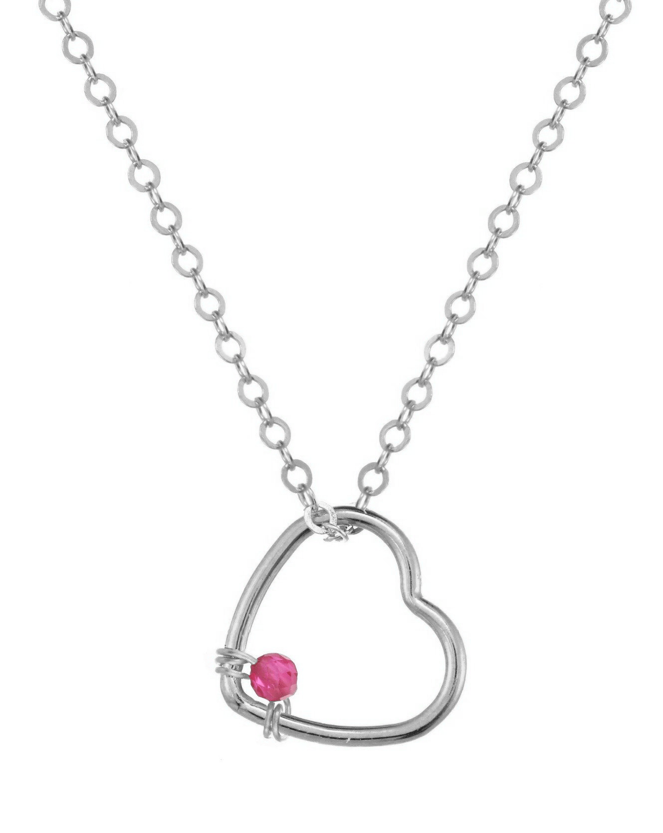Amorcito Necklace by KOZAKH. A 16 to 18 inch adjustable length necklace in Sterling Silver, featuring a heart shaped charm with a round Ruby gem.