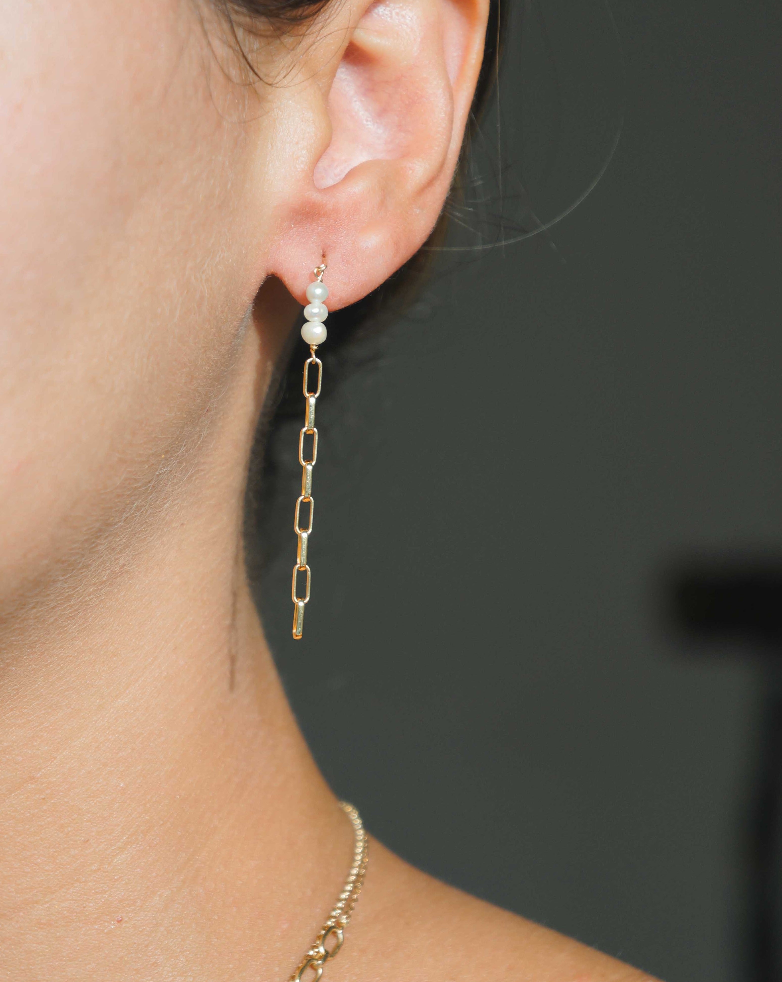 Anaisha Earrings by Kozakh. Chain style drop earrings in 14K Gold Filled with 5mm round Pearls.