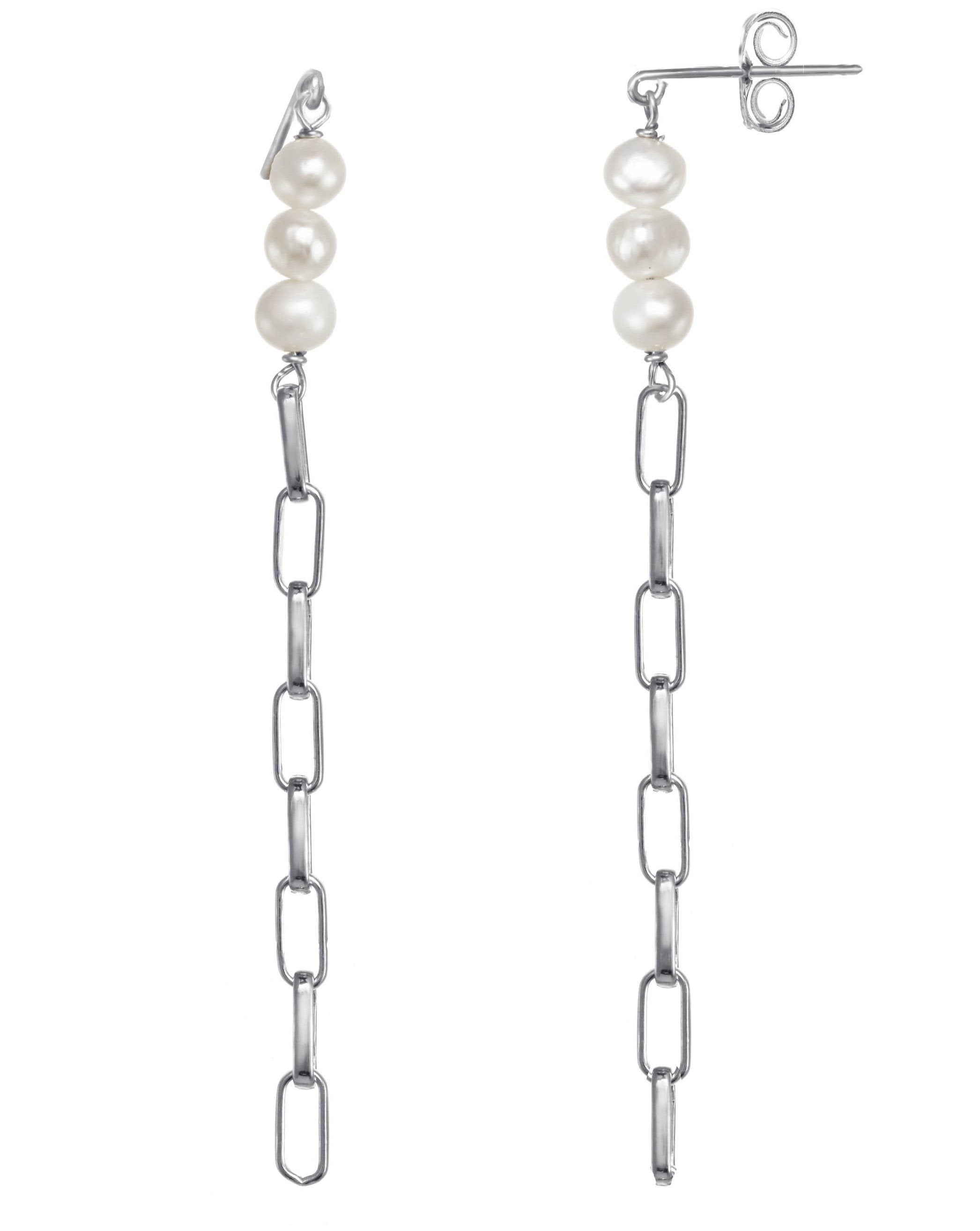 Anaisha Earrings by Kozakh. Chain style drop earrings in Sterling Silver with 5mm round Pearls.