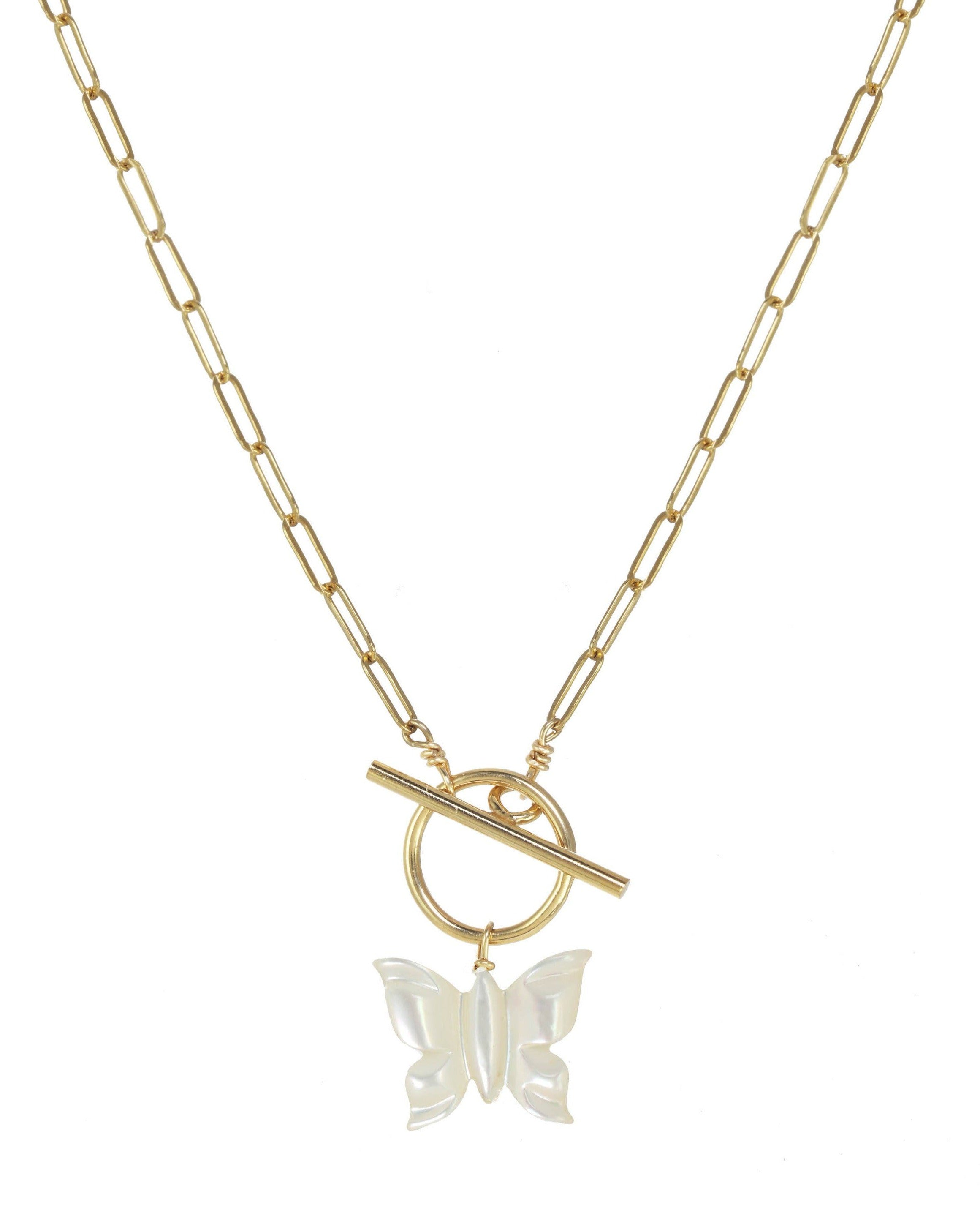 Arlette Necklace by KOZAKH. A 16 to 18 inch adjustable length necklace in 14K Gold Filled, featuring a hand-carved Mother of Pearl butterfly charm and a toggle closure at front of the necklace.