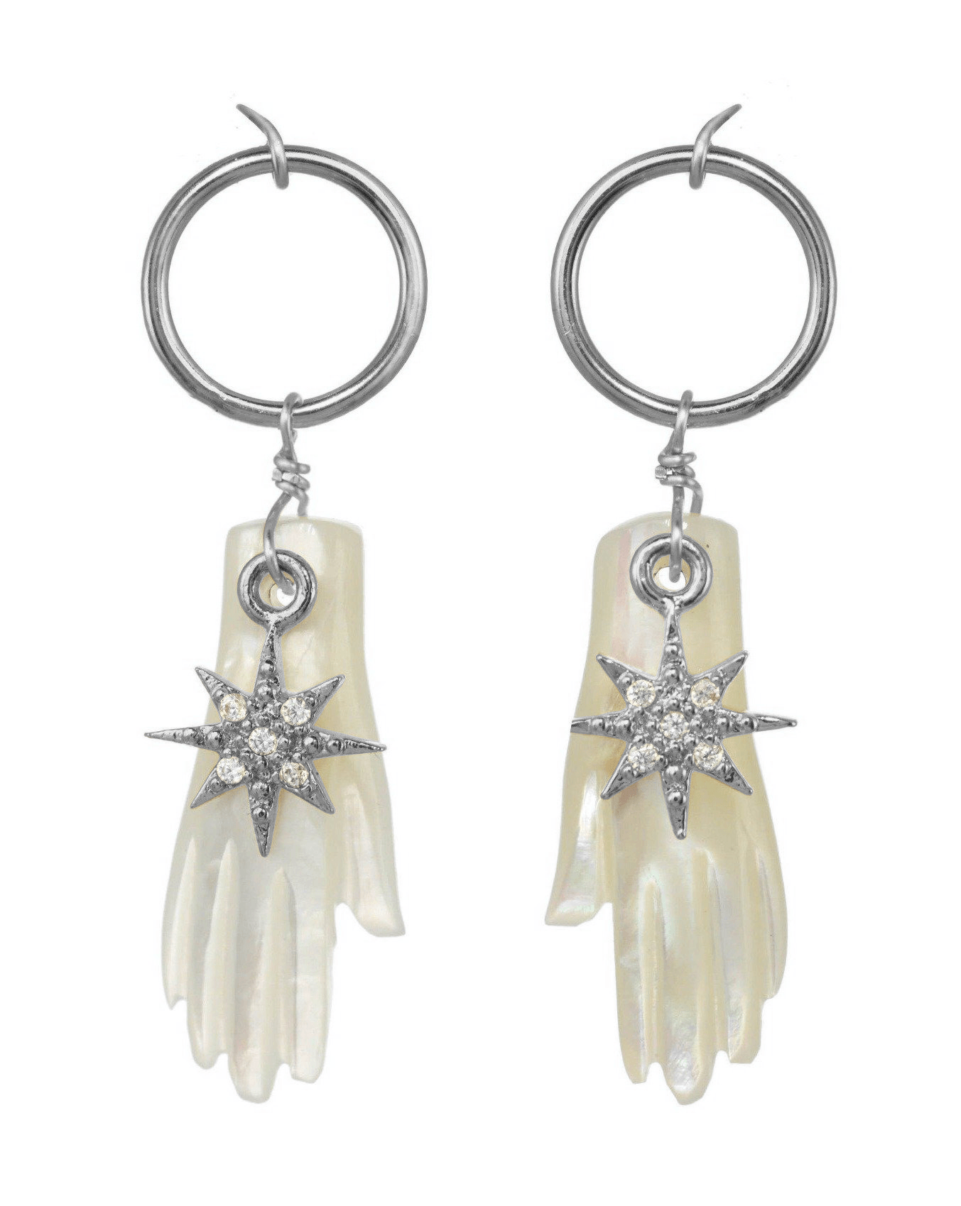Astra Earrings by KOZAKH. Dangling earrings in Sterling Silver, featuring a hand carved Mother of Pearl hand charm and a Cubic Zirconia star charm.