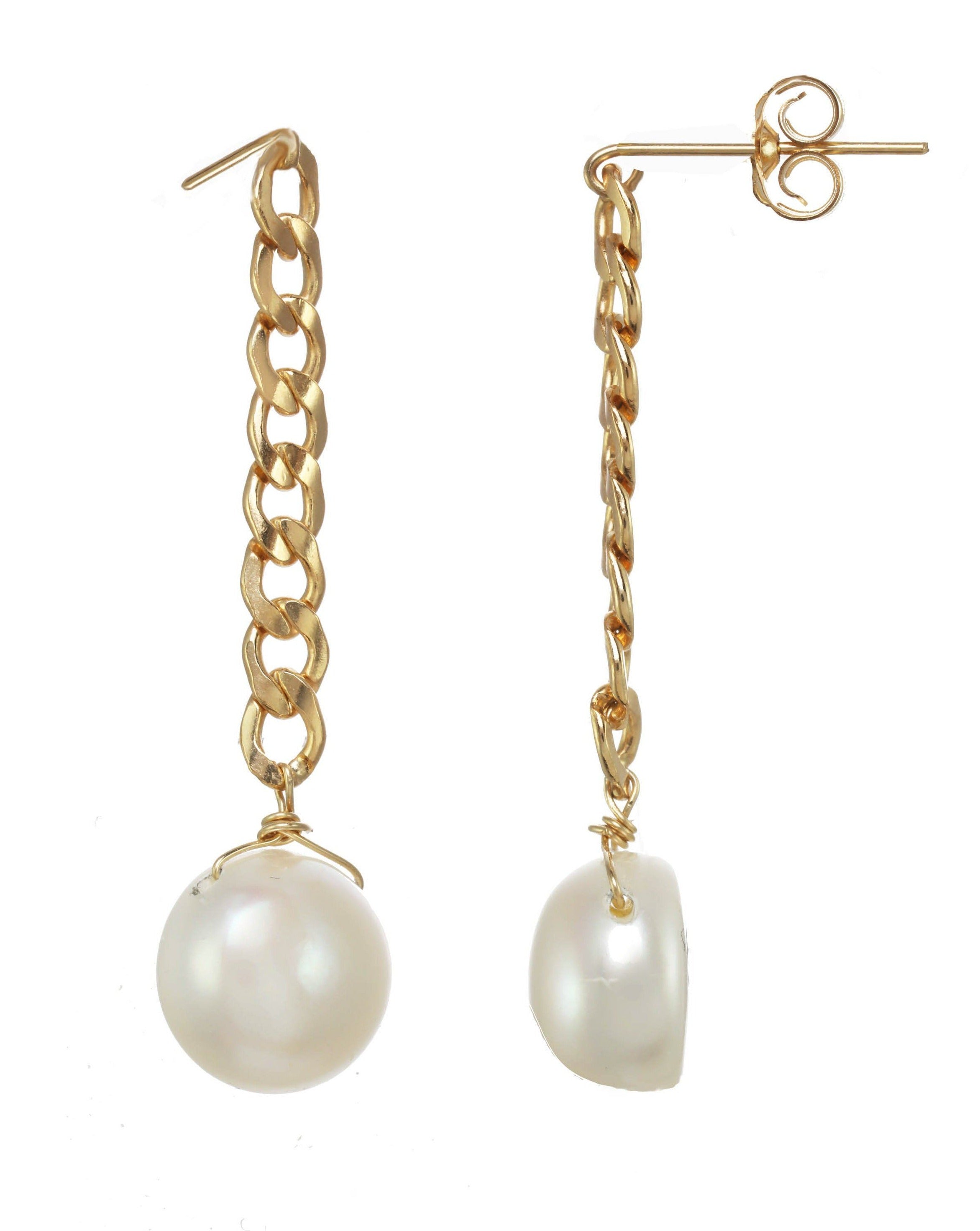 Aubrey Earrings by Kozakh. Chain style drop earrings in 14K Gold Filled with Freshwater Pearls. Earring drop length is 1.5 inches.