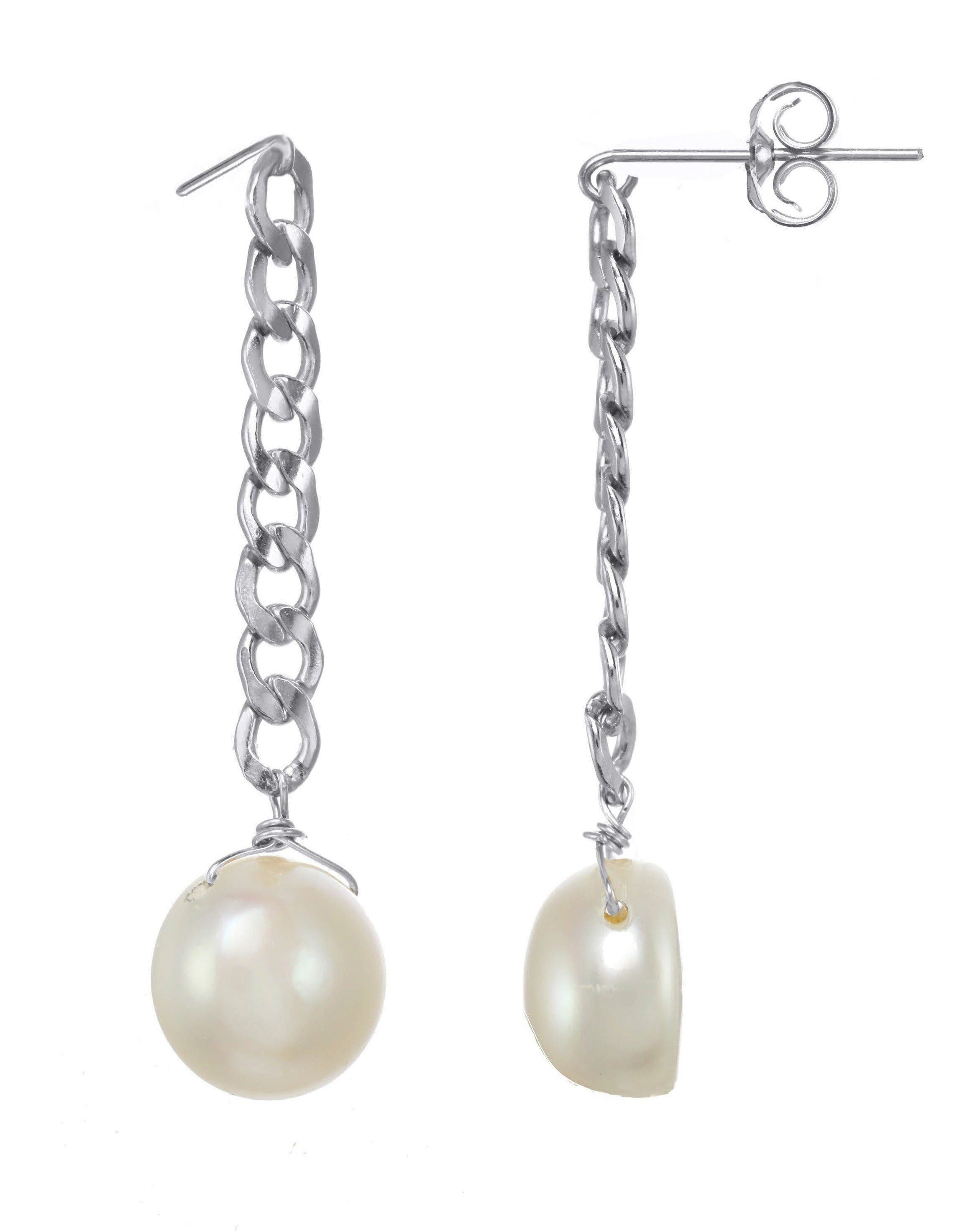 Aubrey Earrings by Kozakh. Chain style drop earrings in Sterling Silver with Freshwater Pearls. Earring drop length is 1.5 inches.