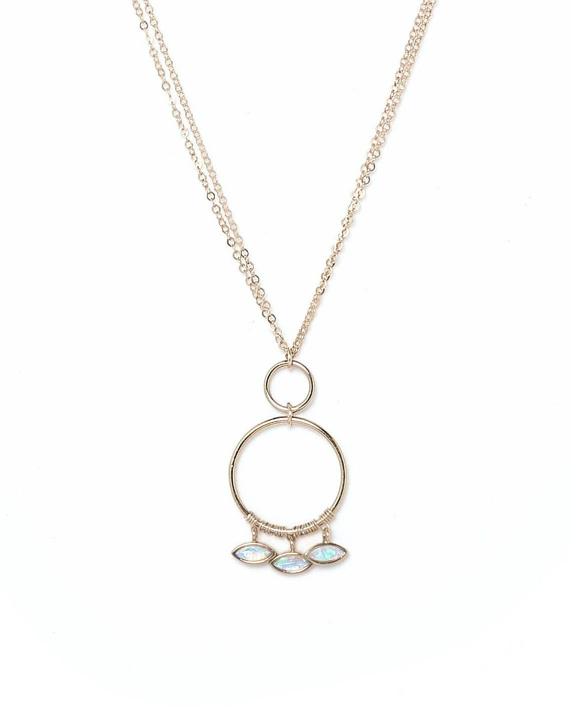 Aven Necklace by KOZAKH. An 18 to 20 inch adjustable length necklace in 14K Gold Filled, featuring Marquise Opal charms.