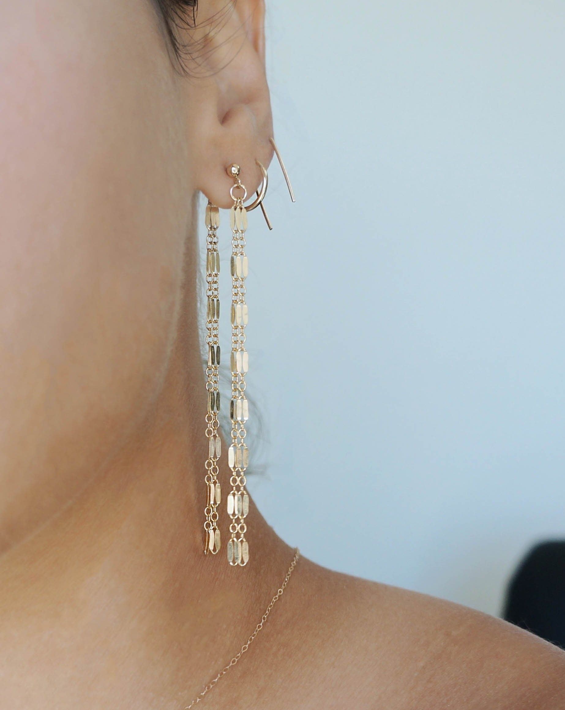 Avenas Earrings by KOZAKH. Double chain style drop earrings in 14K Gold Filled with earring drop length of 3 inches.
