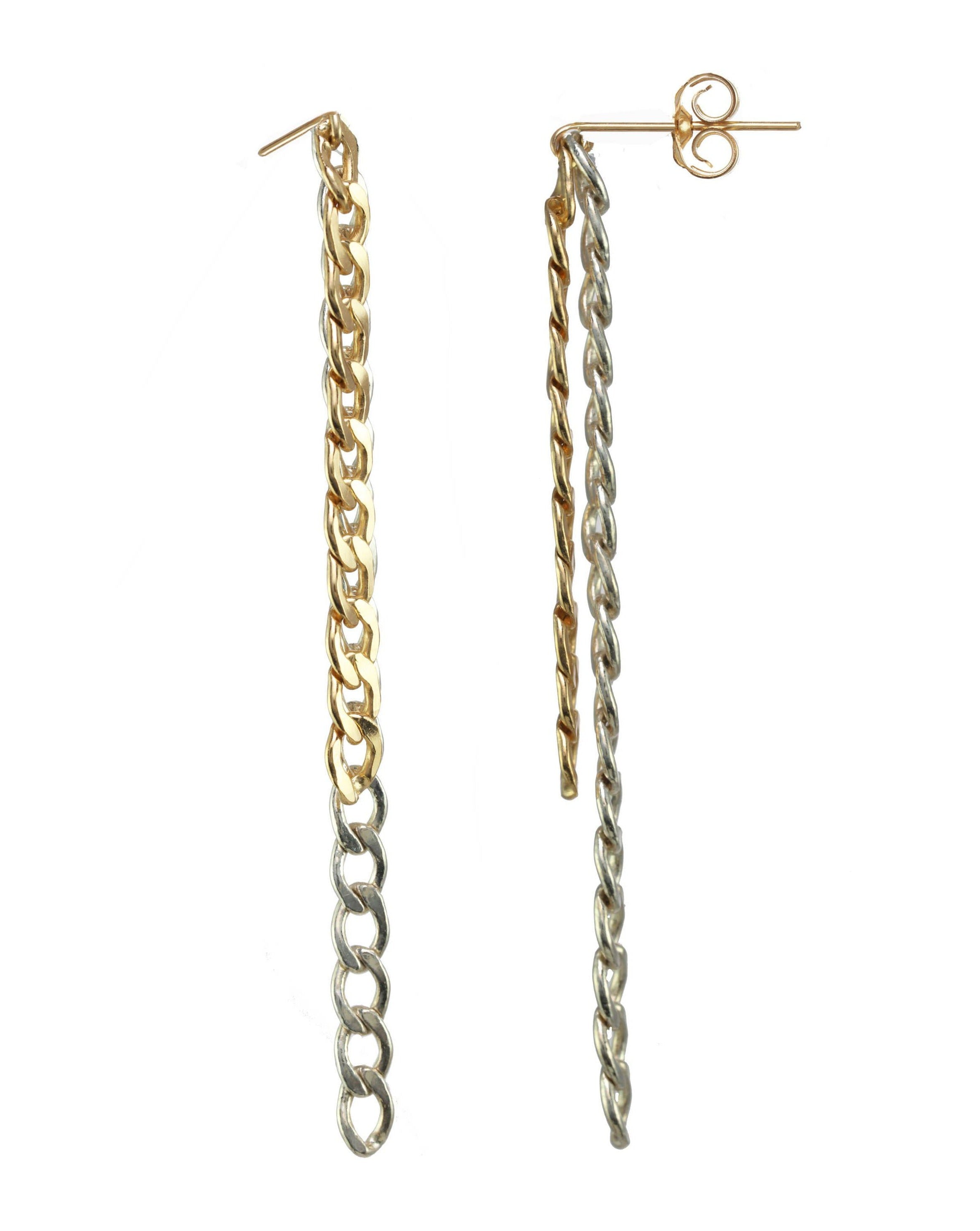 Cadenetta Earrings by KOZAKH. 3 inch drop double strand Flat Curb chain earrings in 14K Gold Filled and Sterling Silver. One strand is gold and one is silver.