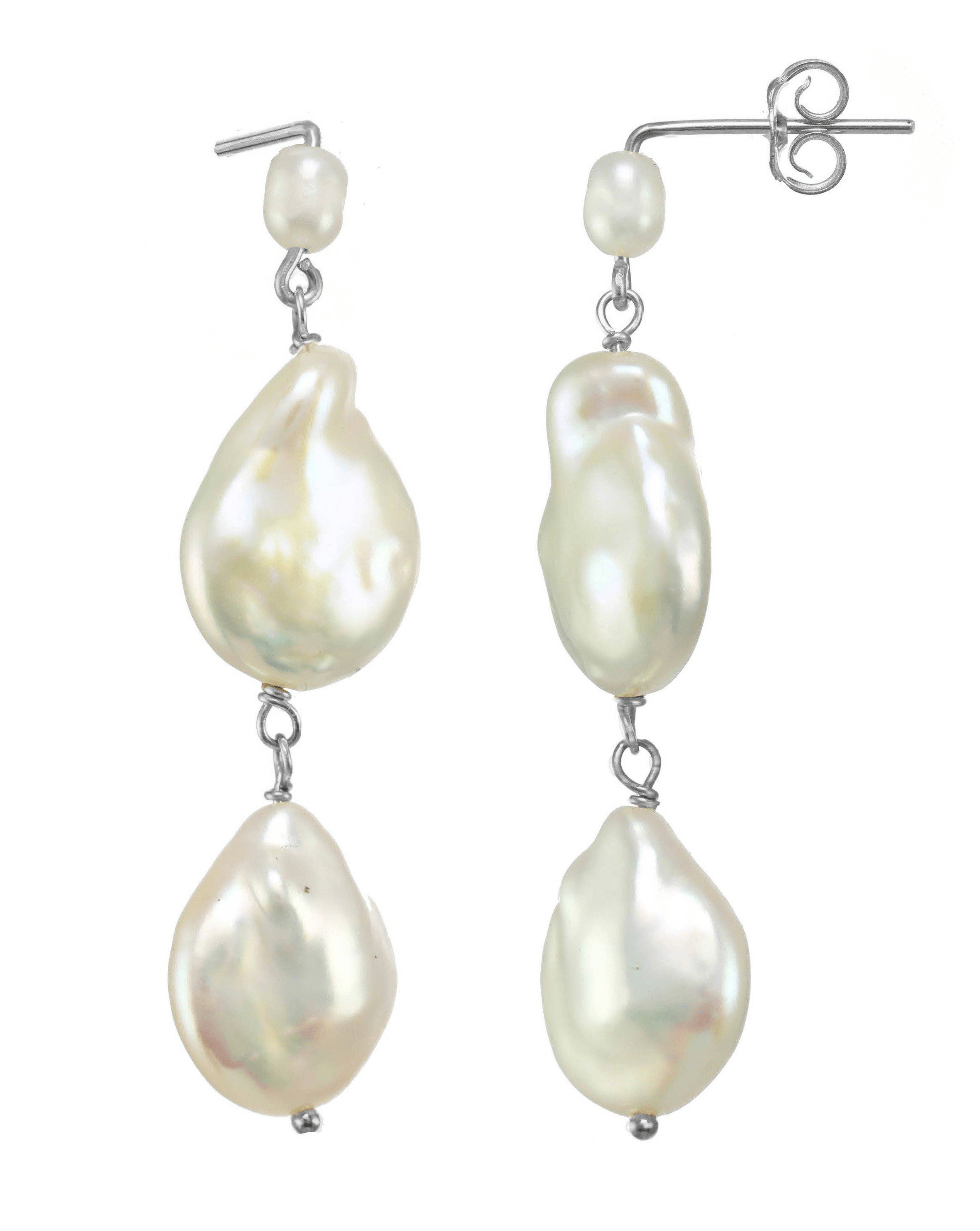 Caro Earrings by KOZAKH. Dangling earrings in Sterling Silver with an earring drop length of 2 inches, featuring Freshwater Baroque Pearls.