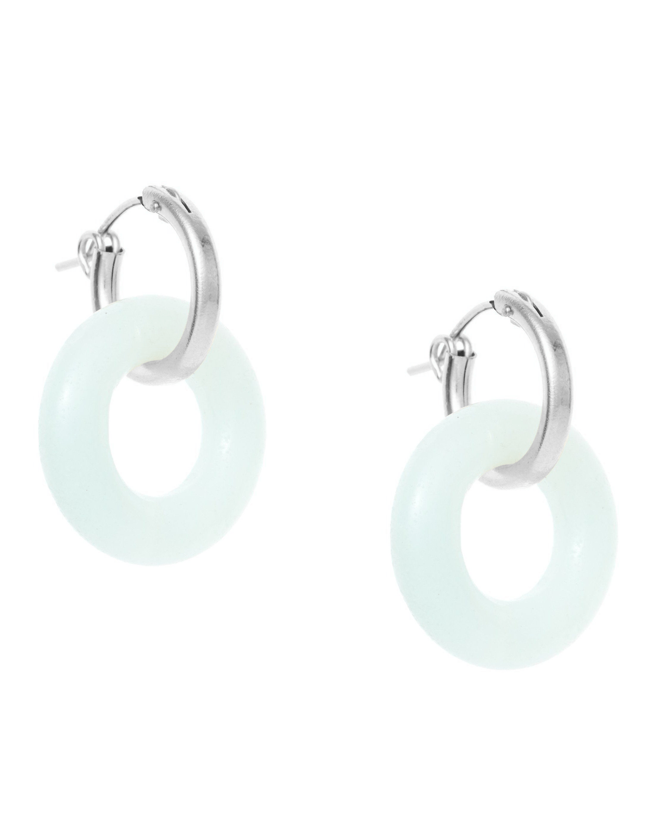 Cerceau Hoops by Kozakh. 15mm hoop earrings with snap closure, crafted in Sterling Silver, featuring a doughnut shape Amazonite gemstone.