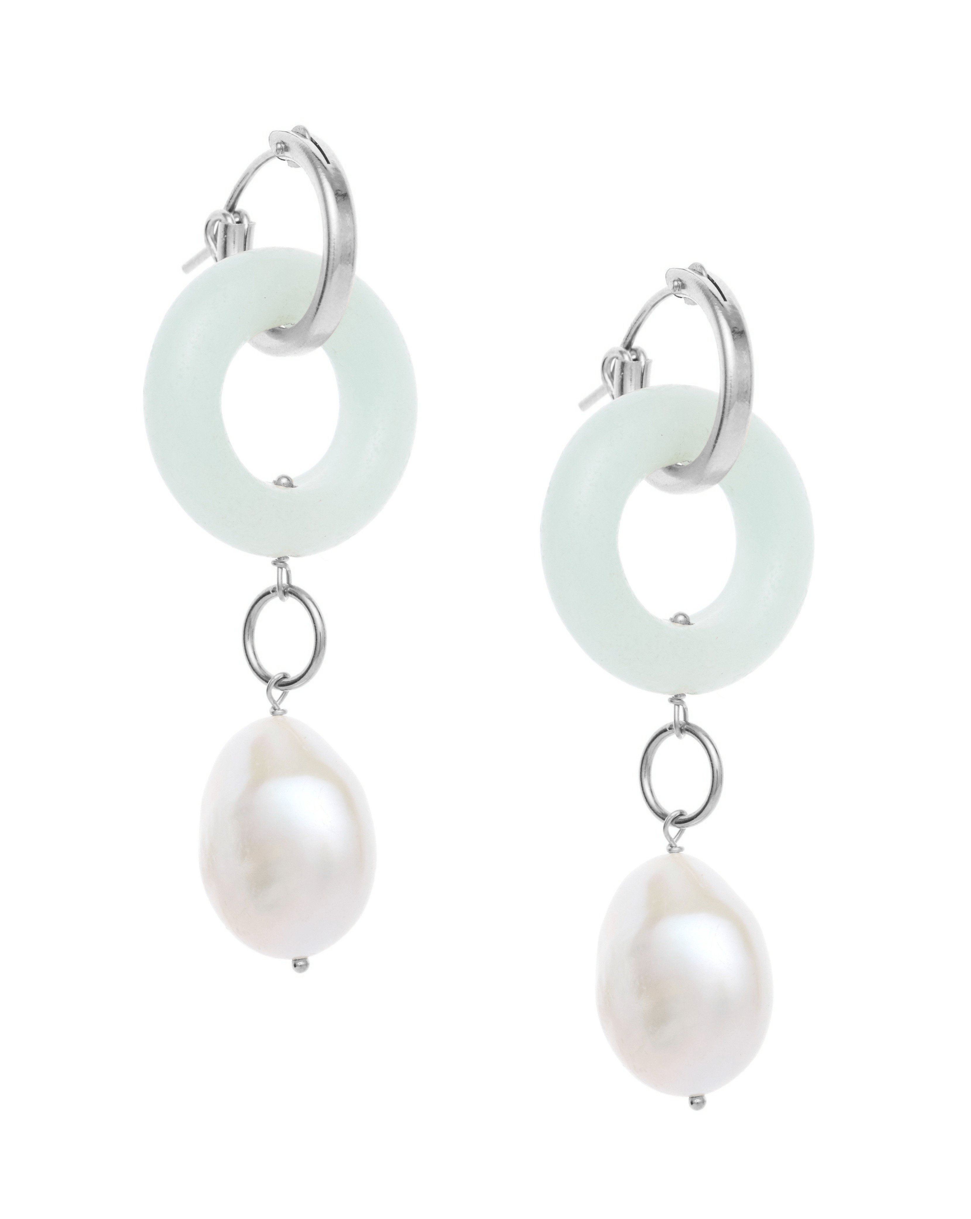 Cerceau Pearl Hoops by Kozakh. 15mm hoop dangling earrings with snap closure, crafted in Sterling Silver, featuring a doughnut shape Amazonite gemstone and a Baroque Pearl.