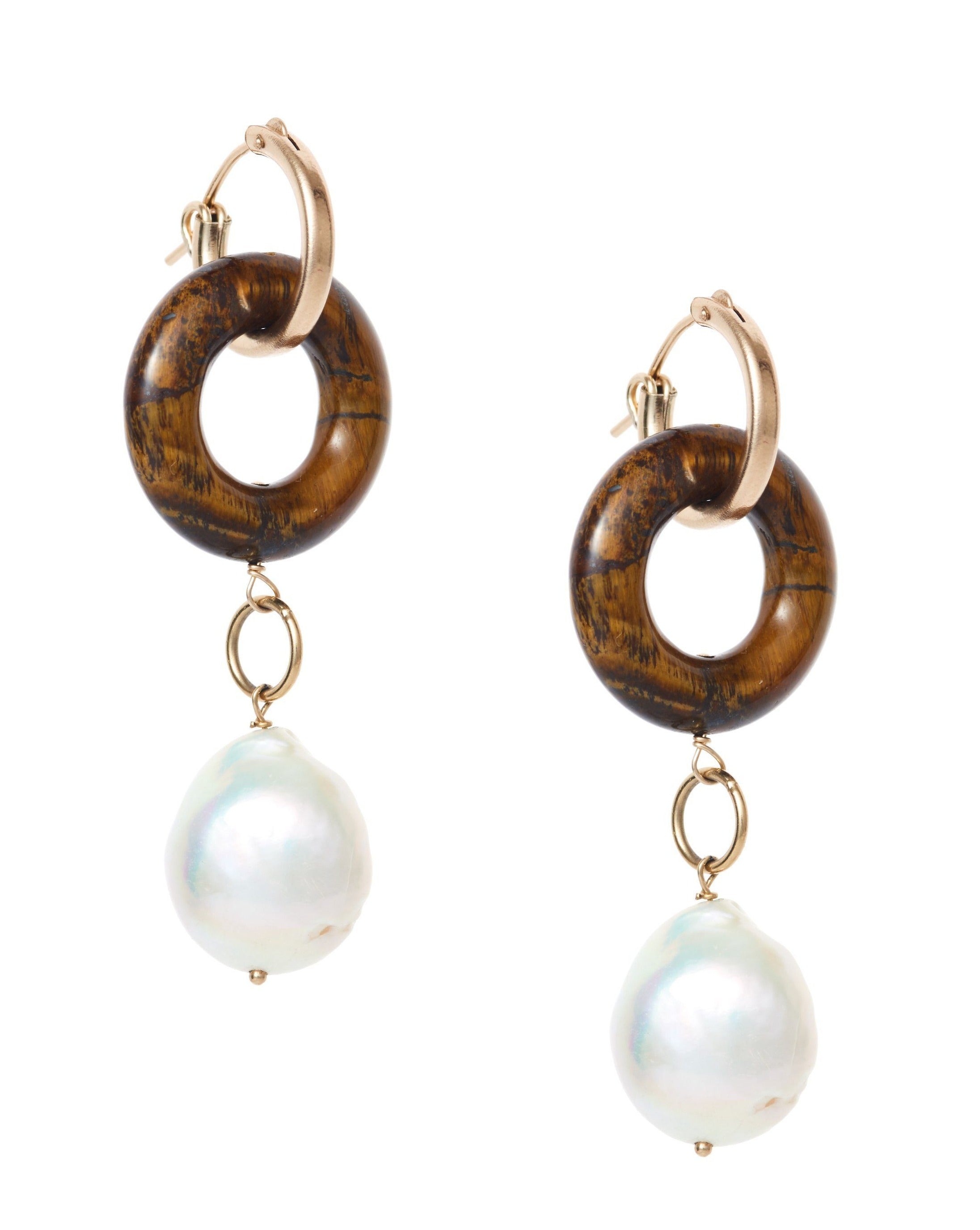 Cerceau Pearl Hoops by Kozakh. 15mm hoop dangling earrings with snap closure, crafted in 14K Gold Filled, featuring a doughnut shape Tiger's Eye gemstone and a Baroque Pearl.