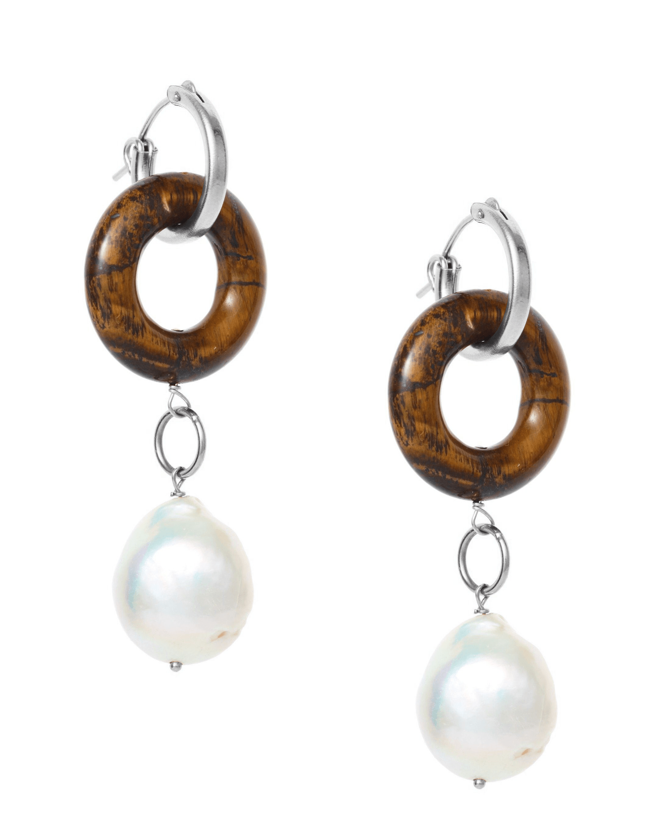Cerceau Pearl Hoops by Kozakh. 15mm hoop dangling earrings with snap closure, crafted in Sterling Silver, featuring a doughnut shape Tiger's Eye gemstone and a Baroque Pearl.