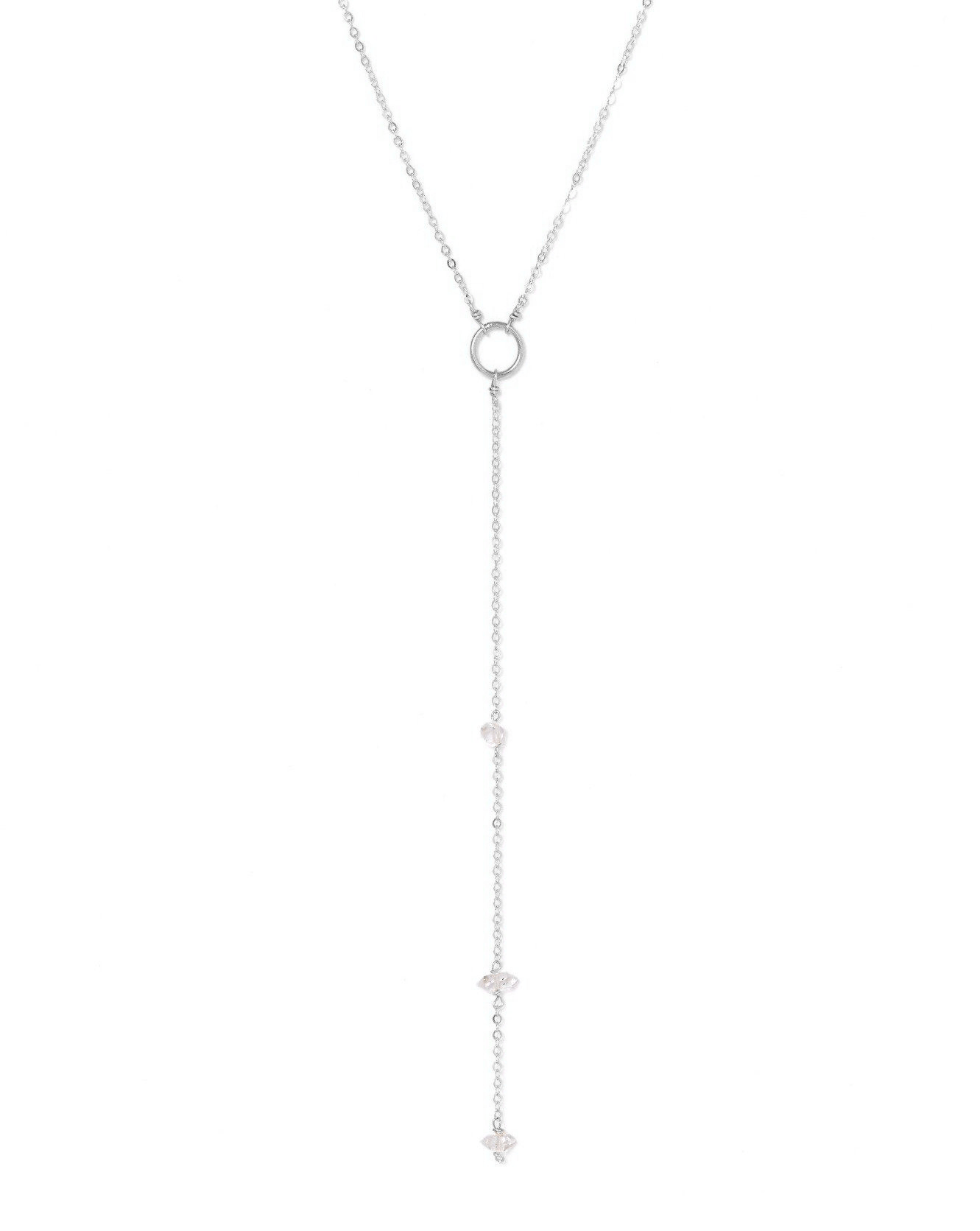 Chatoyant Herkimer Necklace by KOZAKH. A 16 to 18 inch adjustable length, 3 inch drop lariat style necklace in Sterling Silver, featuring Herkimer Diamonds.