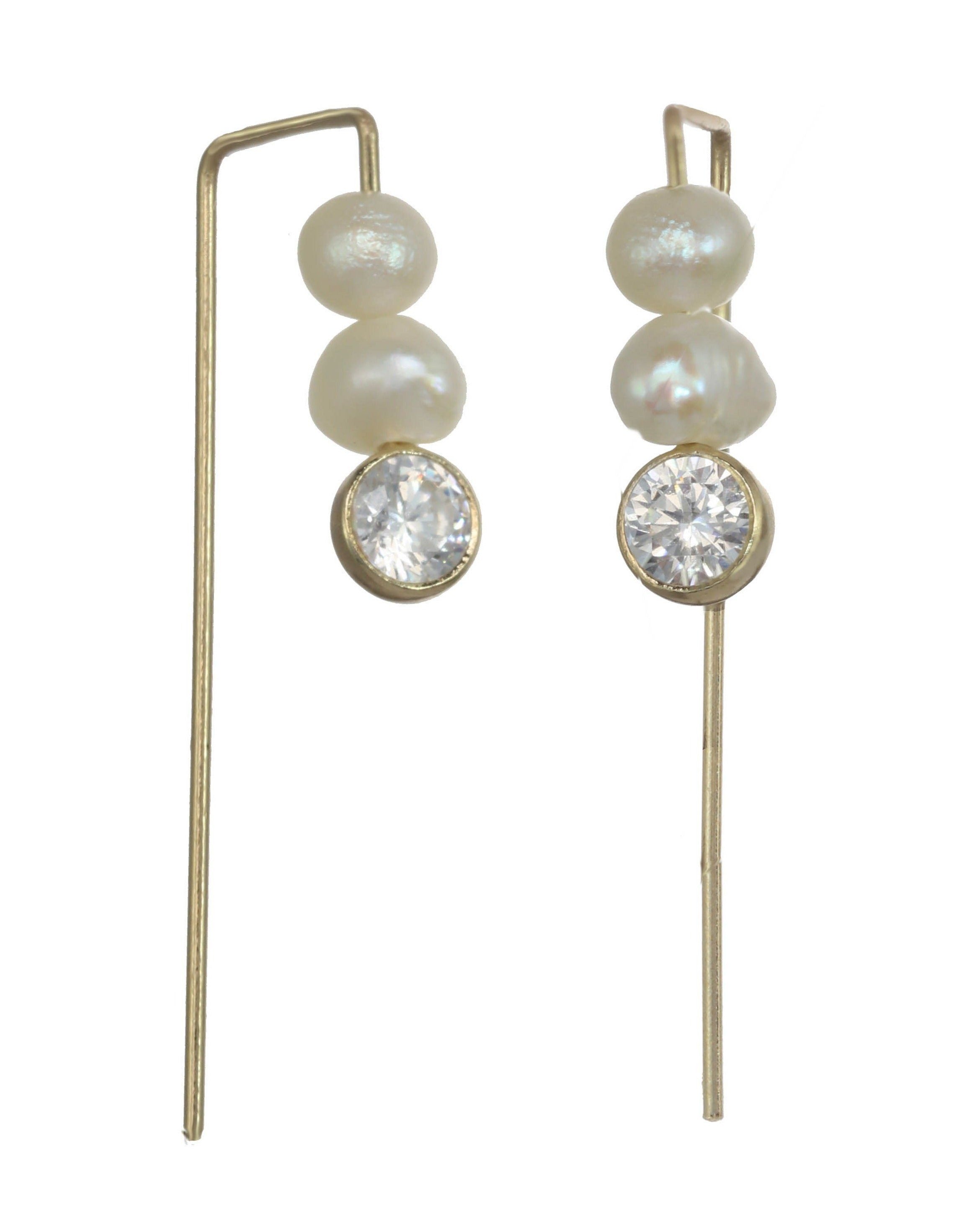 Clarita Pearl Earrings by KOZAKH. Bar earrings in 14K Gold Filled, featuring a 3mm Cubic Zirconia Bezel and 4-5mm white potato shaped Pearls.