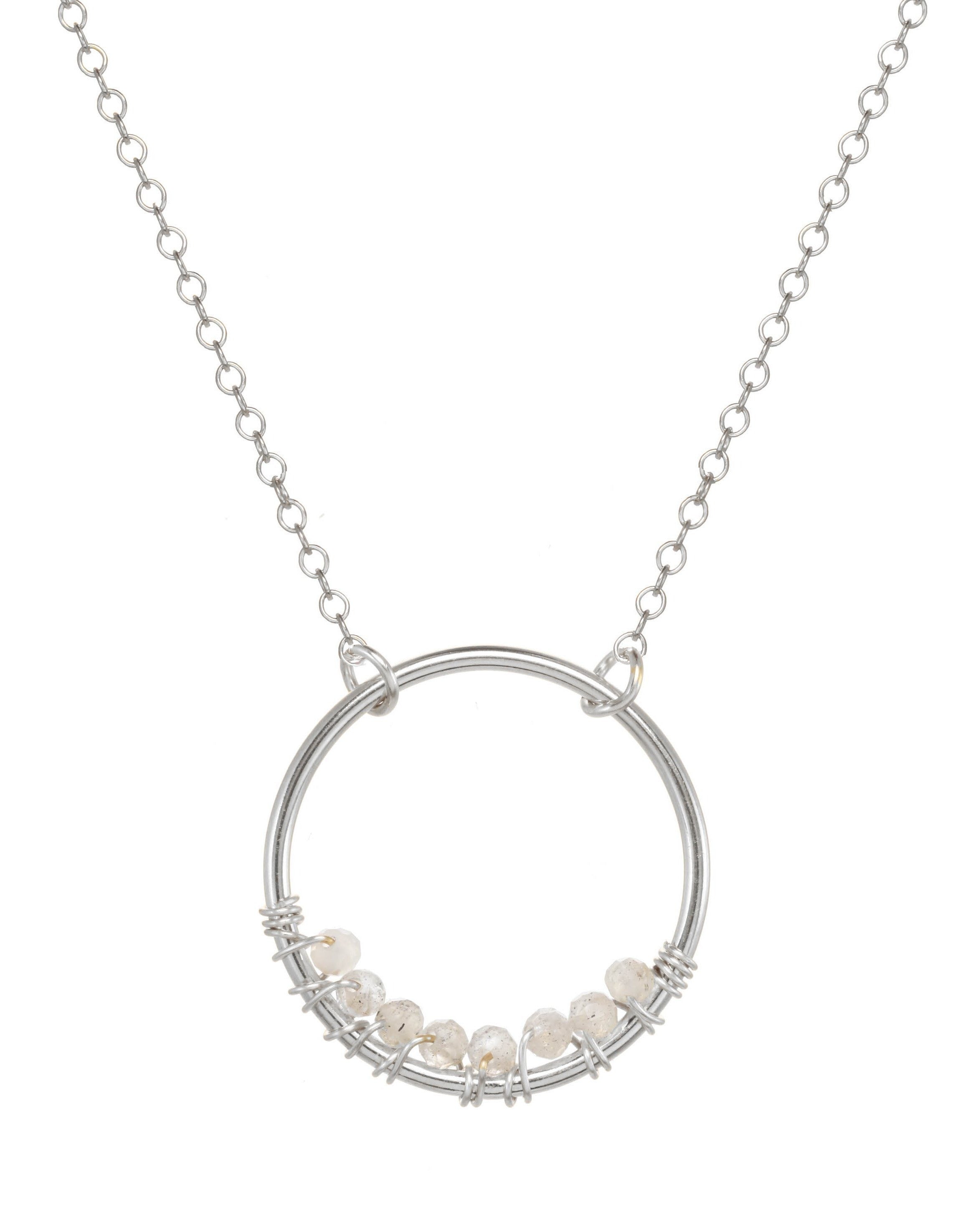 Curra Necklace by KOZAKH. A 16 to 18 inch adjustable length necklace in 14K Gold Filled, featuring a ring with 2mm faceted round Moonstone gems.