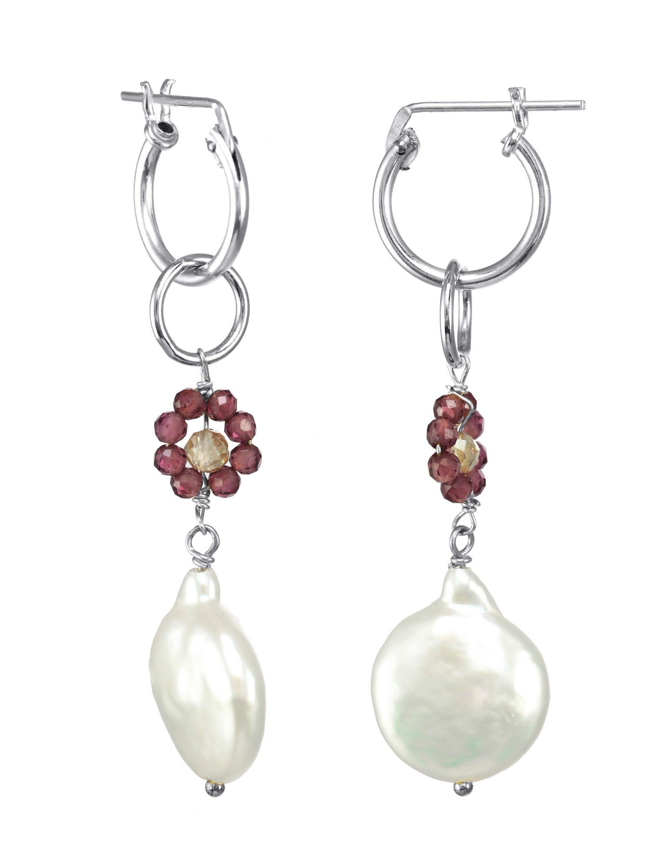 Daisy Del Mar Earrings by Kozakh. 12mm Snap closure hoops crafted in Sterling Silver, featuring 2mm Garnet and 3mm Imperial Topaz forming a flower charm, and a Baroque Pearl.