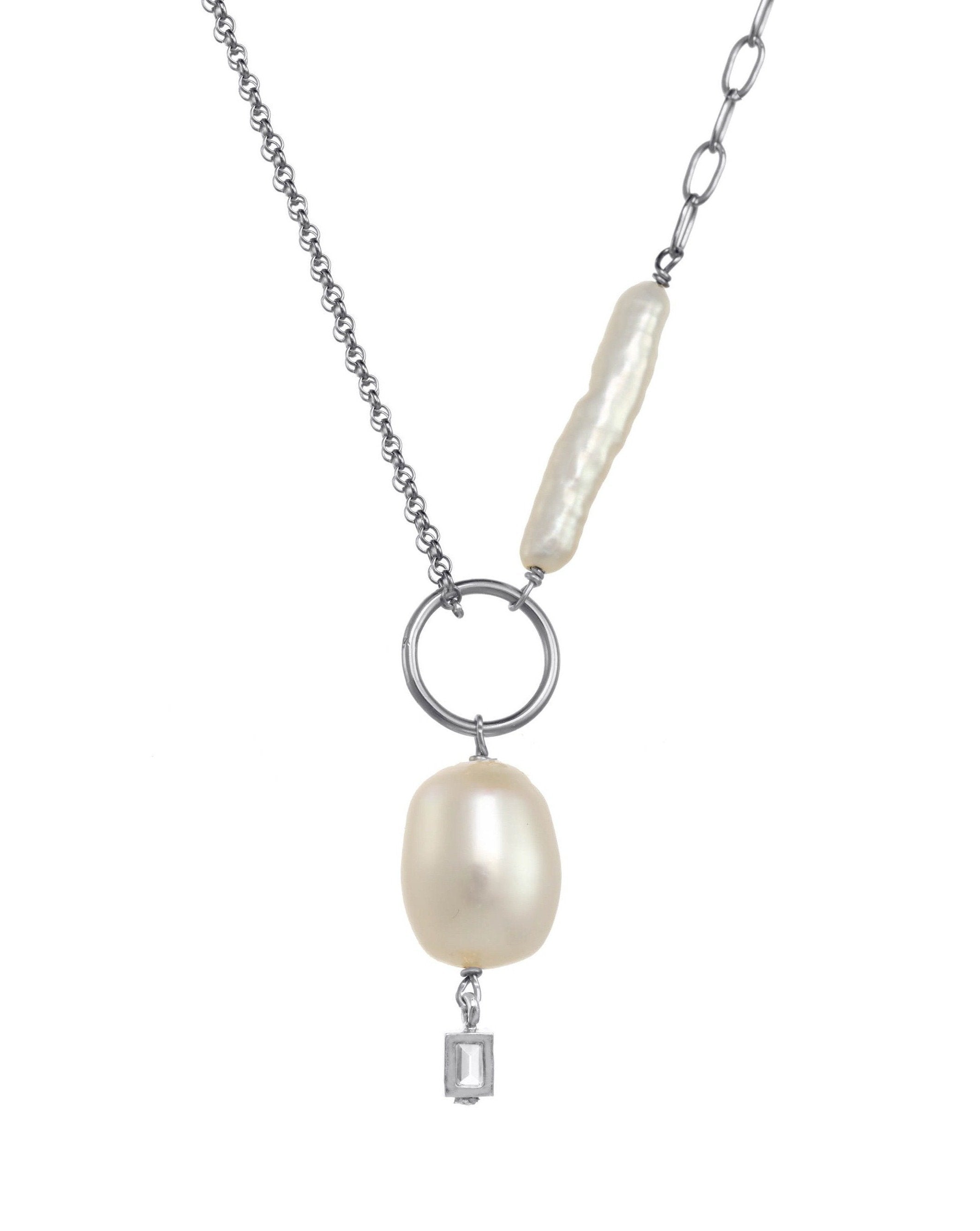 Darita Necklace by KOZAKH. A 16 to 18 inch adjustable length necklace in Sterling Silver, featuring a Biwa Pearl, a 6x9mm white oval shaped Pearl, and a 3mm rectangle cut Cubic Zirconia.