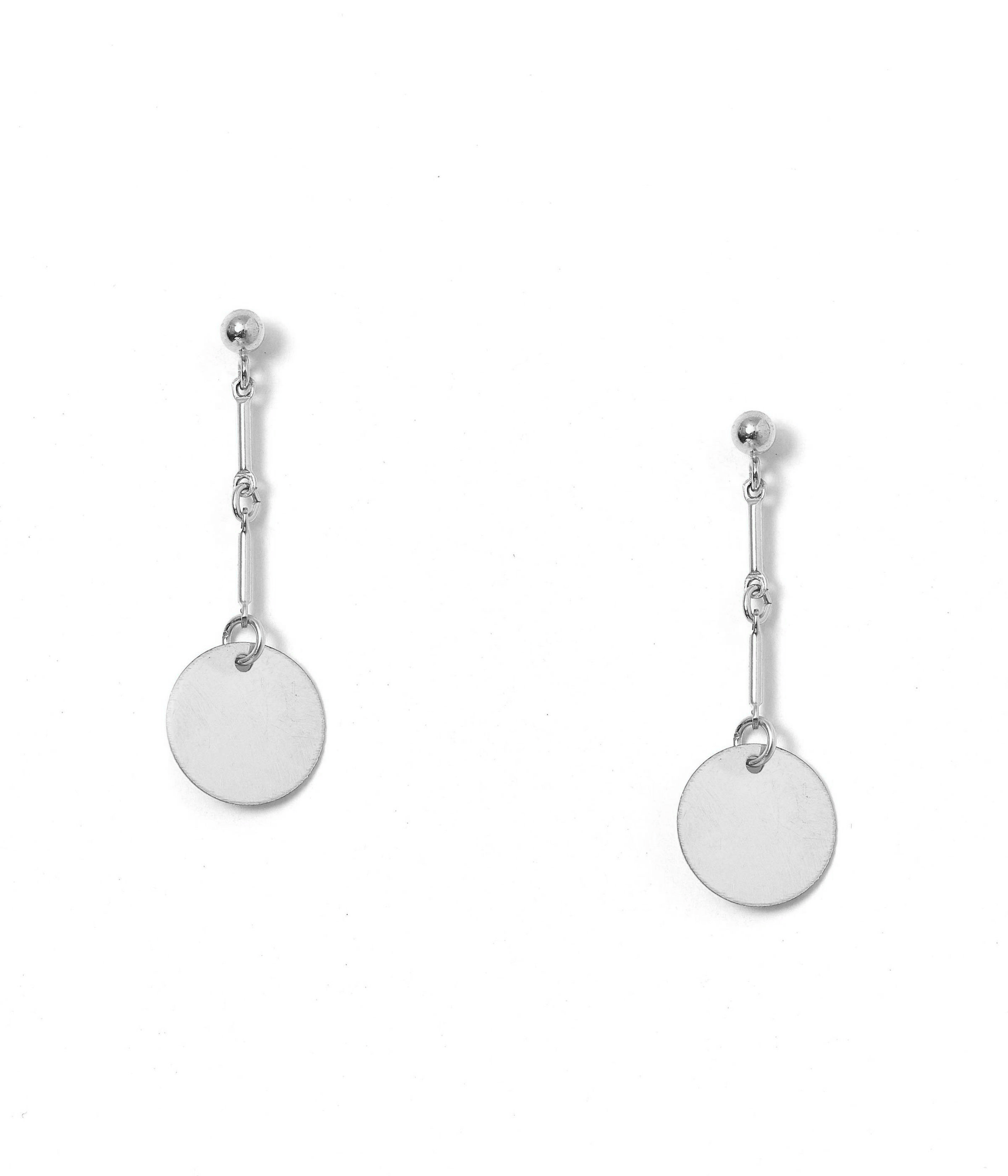 Desos Earrings by KOZAKH. 2 inch drop, 3mm Ball stud earrings, crafted in Sterling Silver, featuring a 9mm flat coin charm.