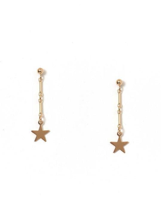 Desos Earrings by KOZAKH. 2 inch drop, 3mm Ball stud earrings, crafted in 14K Gold Filled, featuring a flat 5 point star charm.