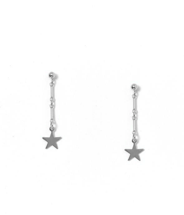 Desos Earrings by KOZAKH. 2 inch drop, 3mm Ball stud earrings, crafted in Sterling Silver, featuring a flat 5 point star charm.